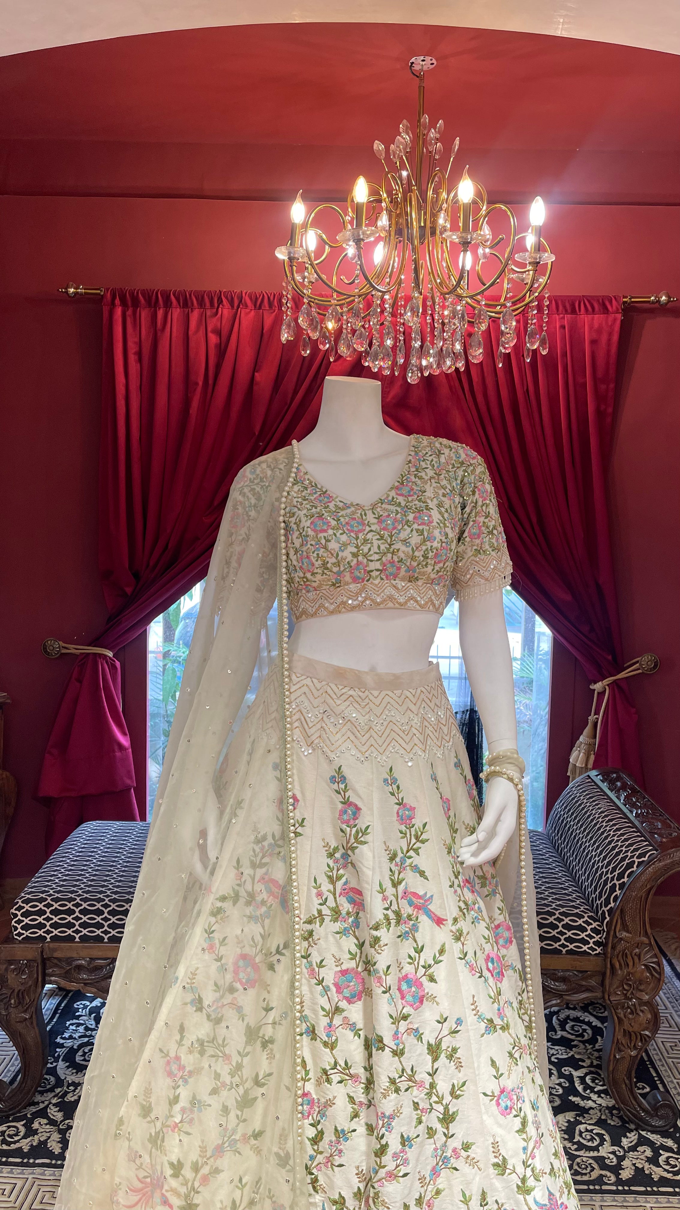 White Lehenga With Colourful Floral Embroidery