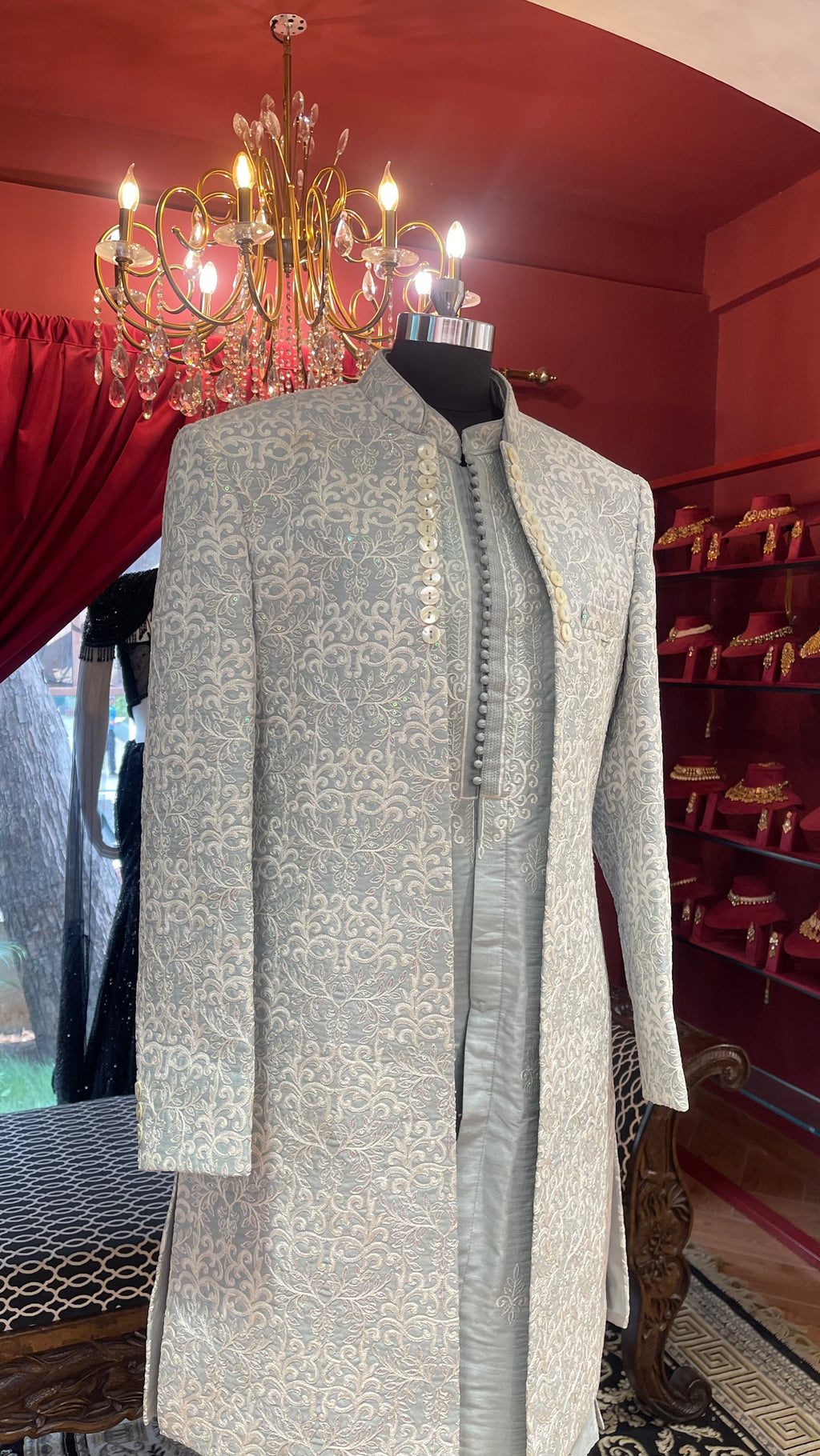 Ice Blue Sherwani With White And Tonal Embroidery