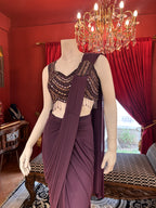 Wine Whisper Draped Saree With Full Mirror Work Blouse
