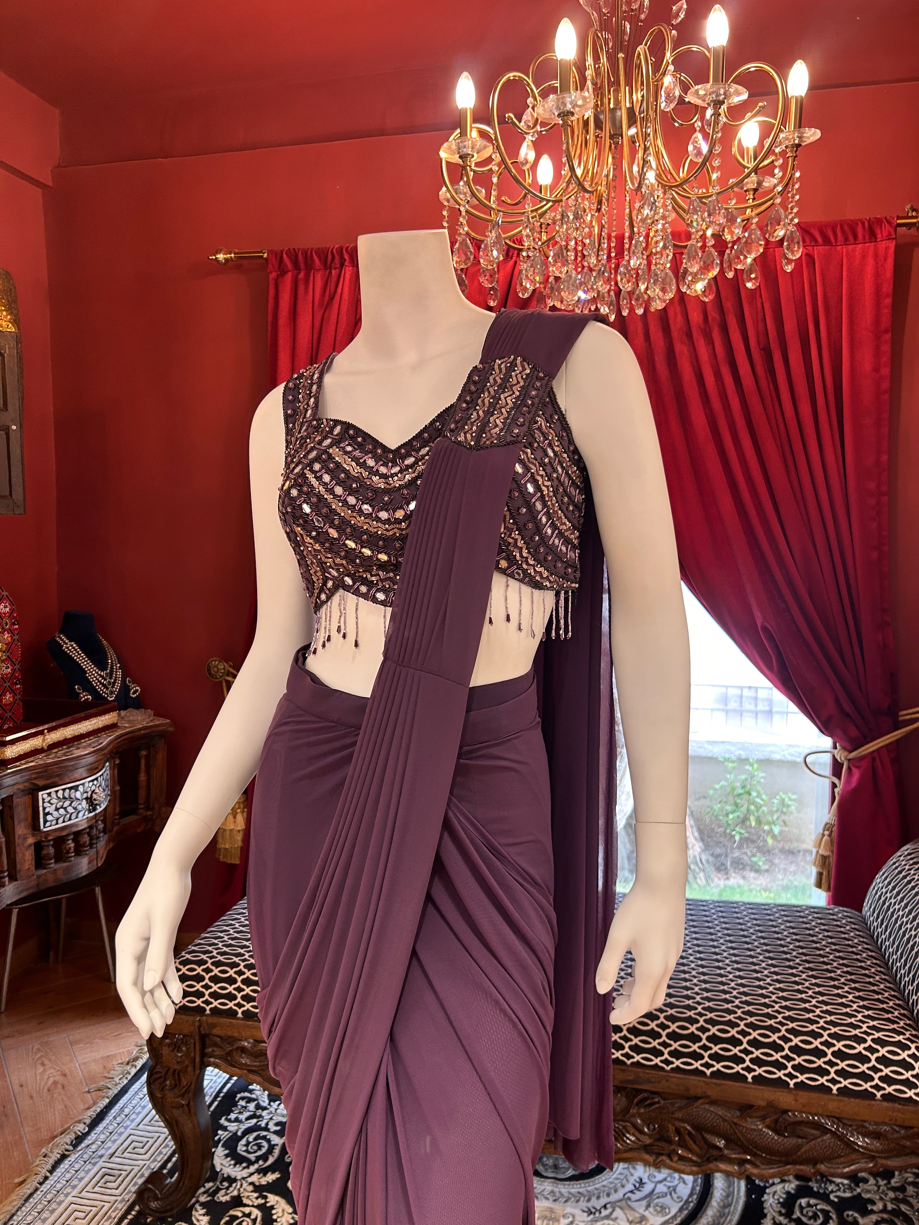 Wine Whisper Draped Saree With Full Mirror Work Blouse