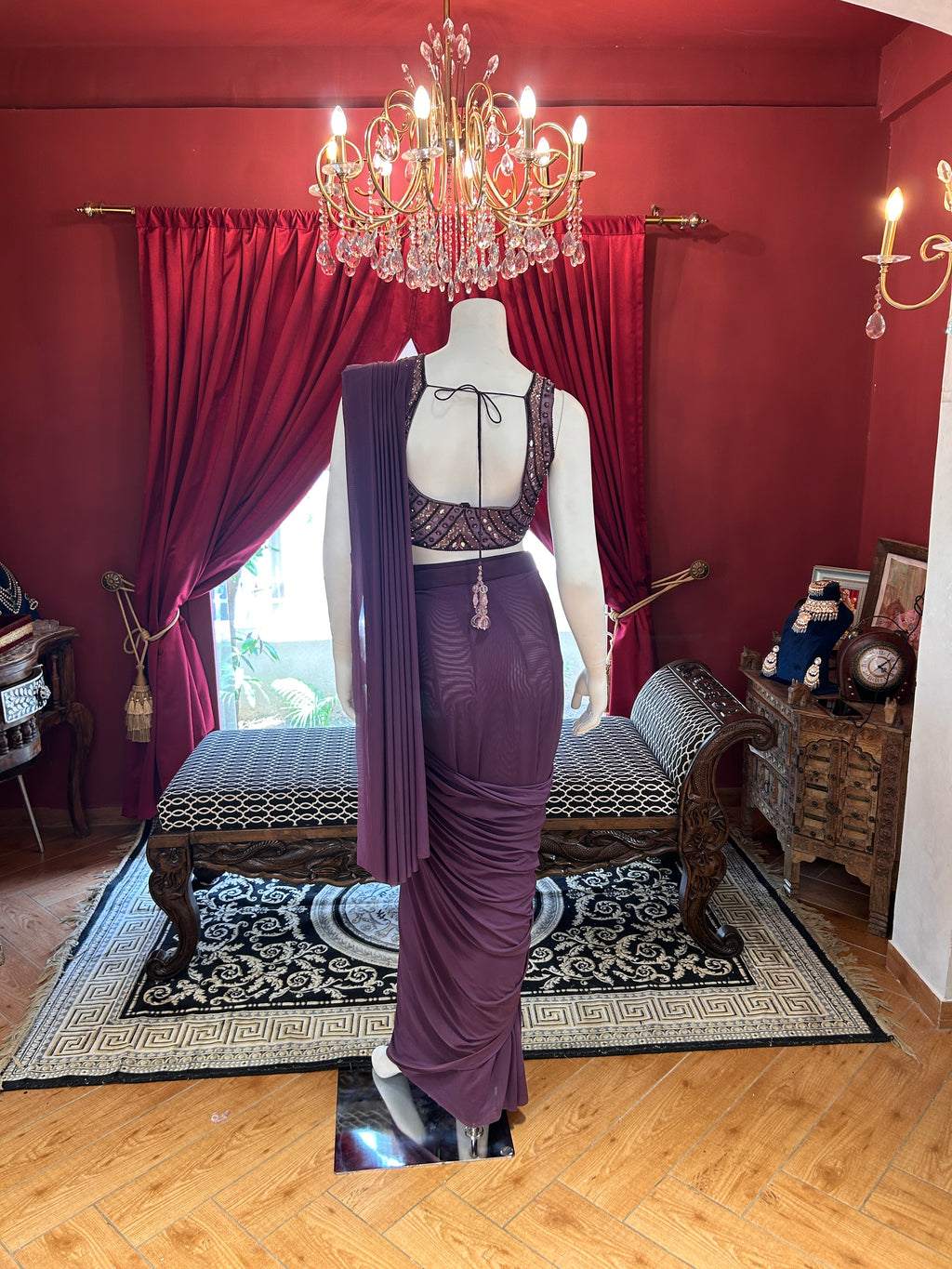 Wine Whisper Draped Saree With Full Mirror Work Blouse