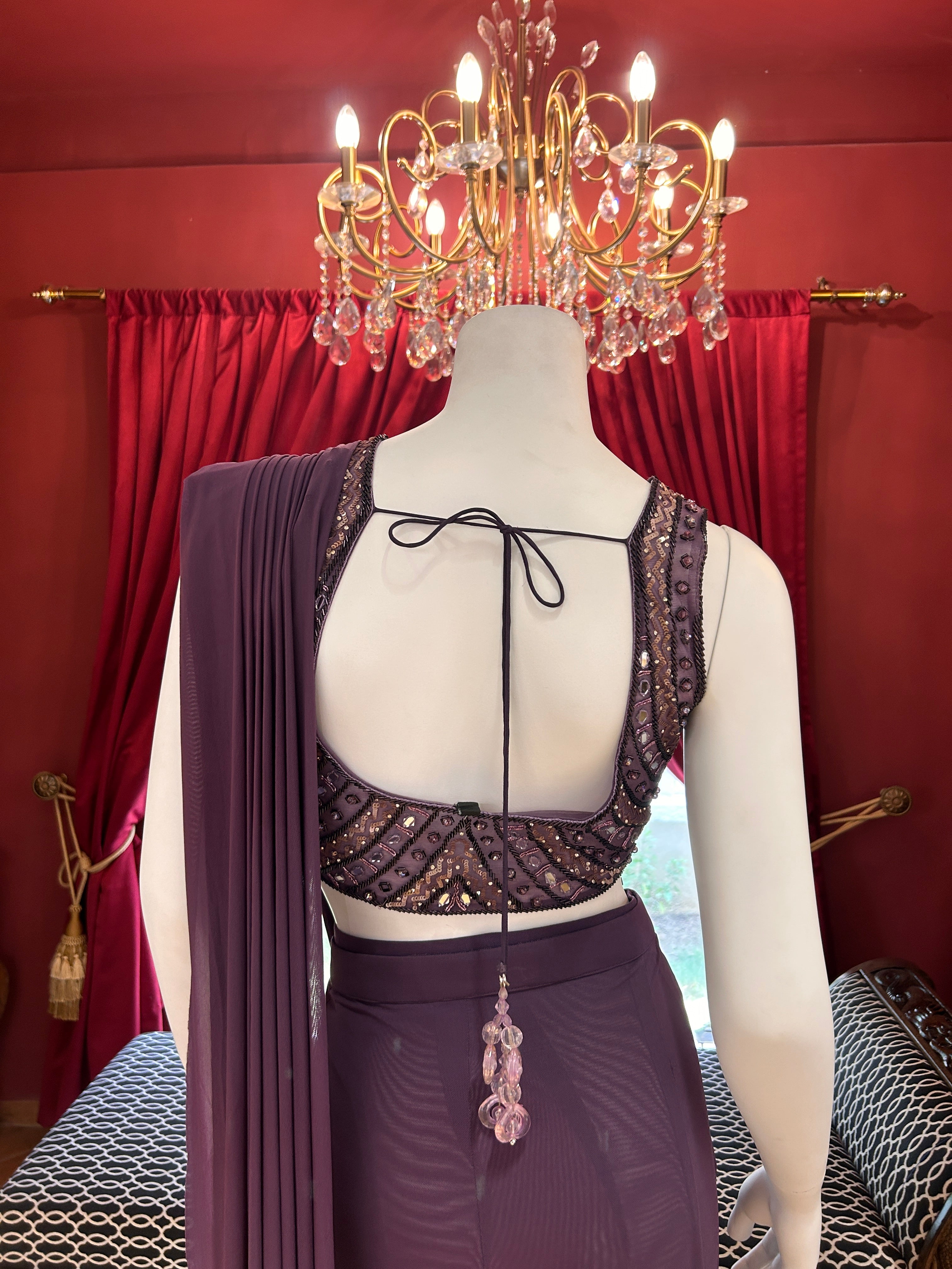 Wine Whisper Draped Saree With Full Mirror Work Blouse