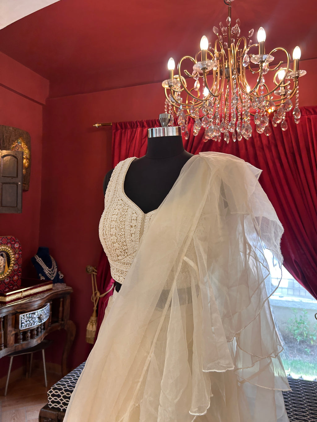 Whispering Veil Draping Saree With Pearl Blouse