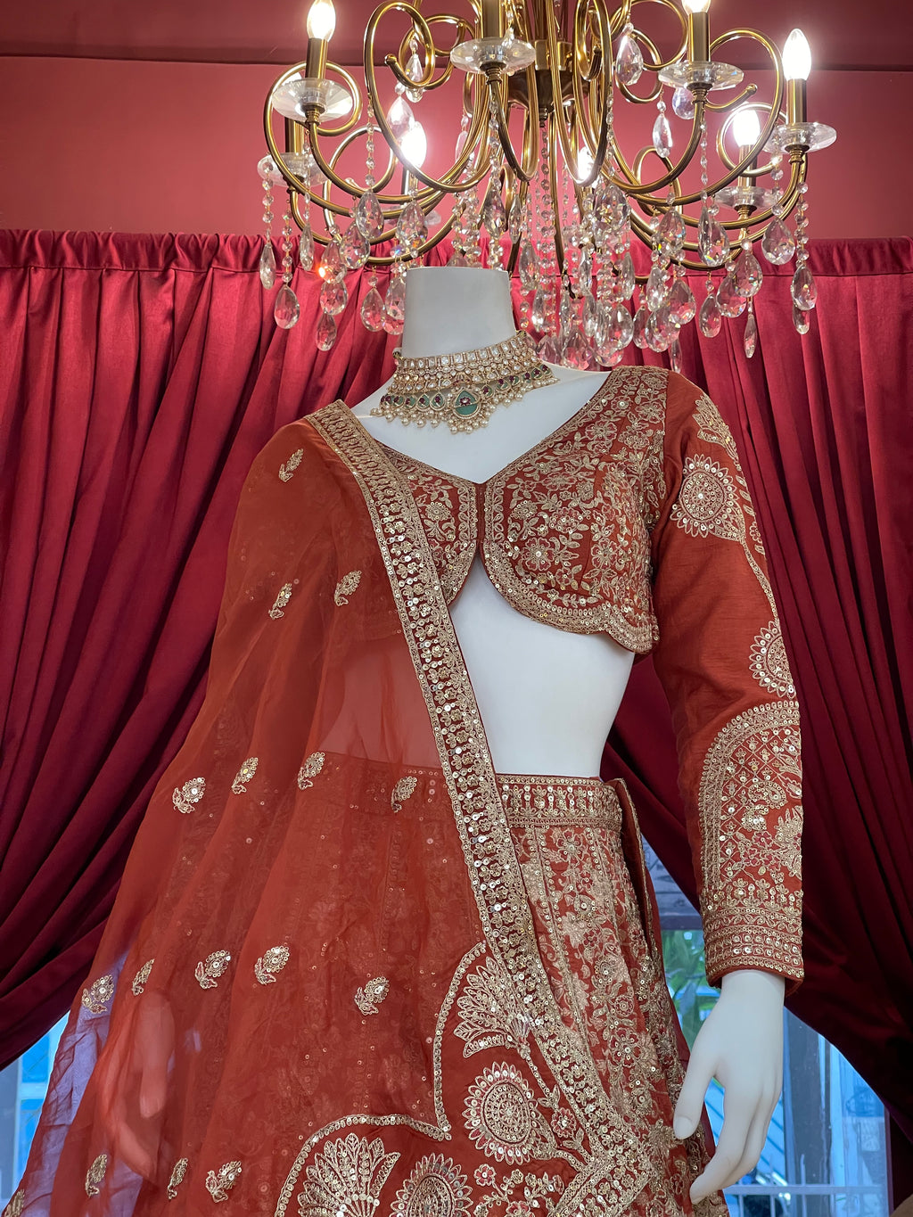 Rust Full Sleeves Bridal Lehenga