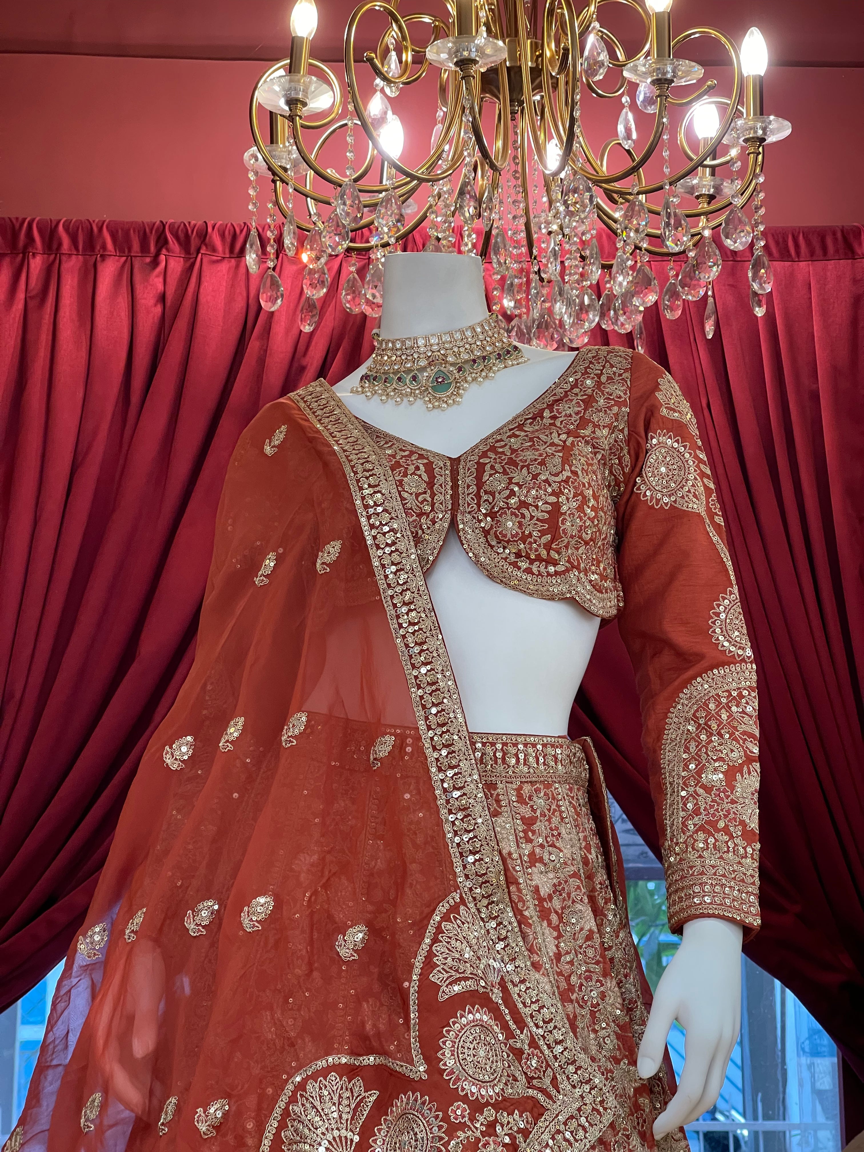 Rust Full Sleeves Bridal Lehenga