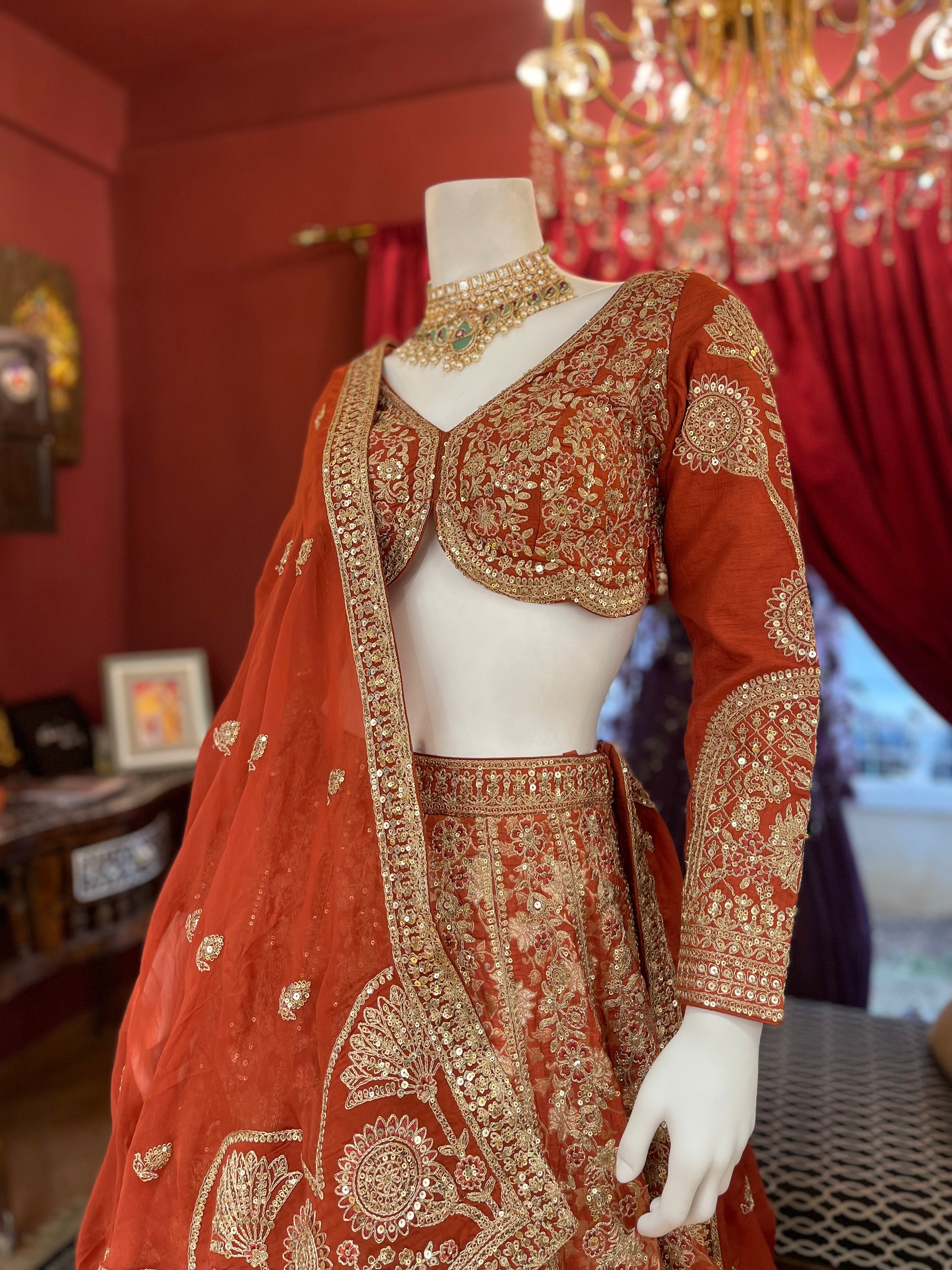 Rust Full Sleeves Bridal Lehenga