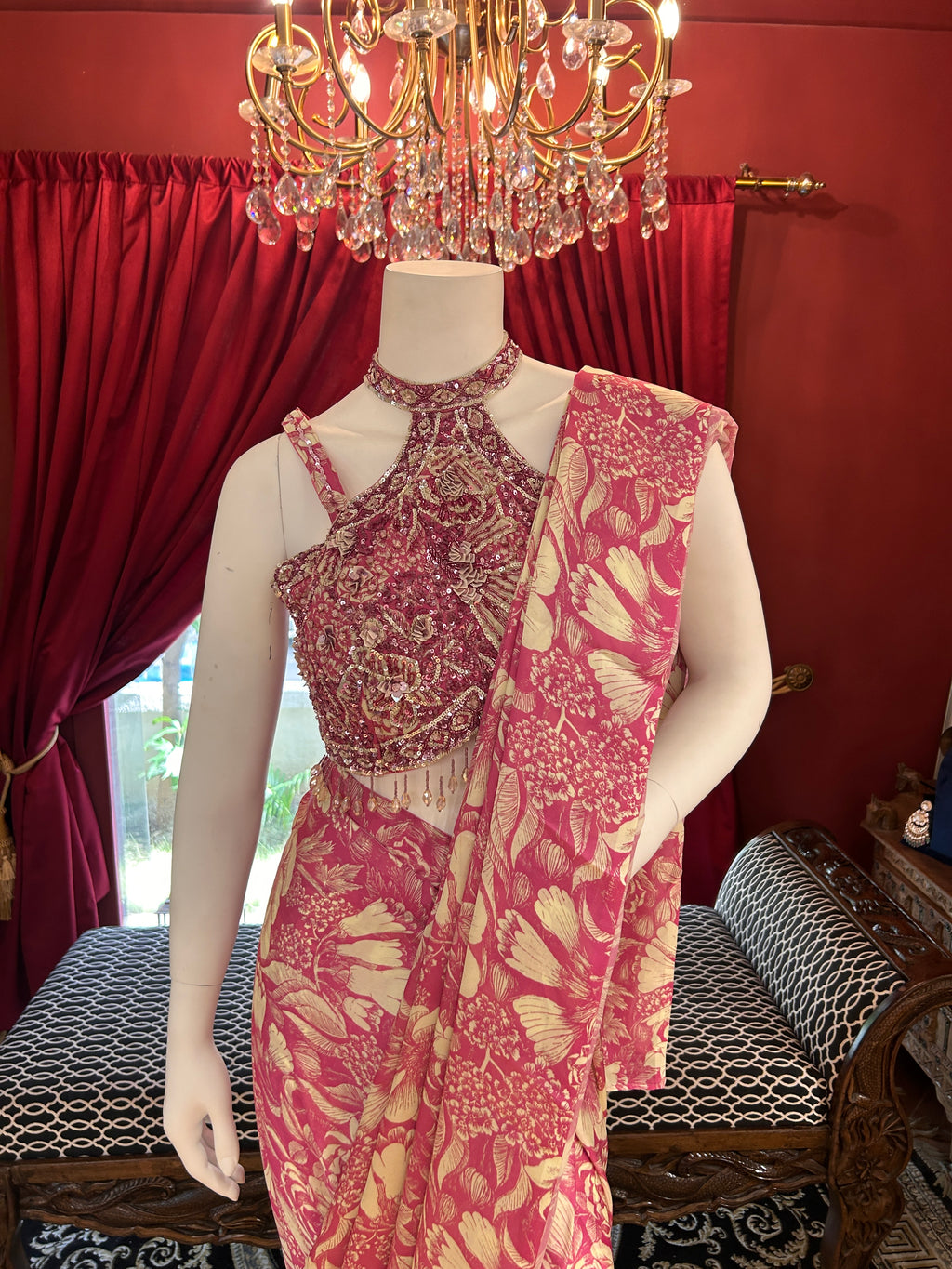 Pink Flower Print Draped Saree With Full Hand Work Halter-Neck Blouse