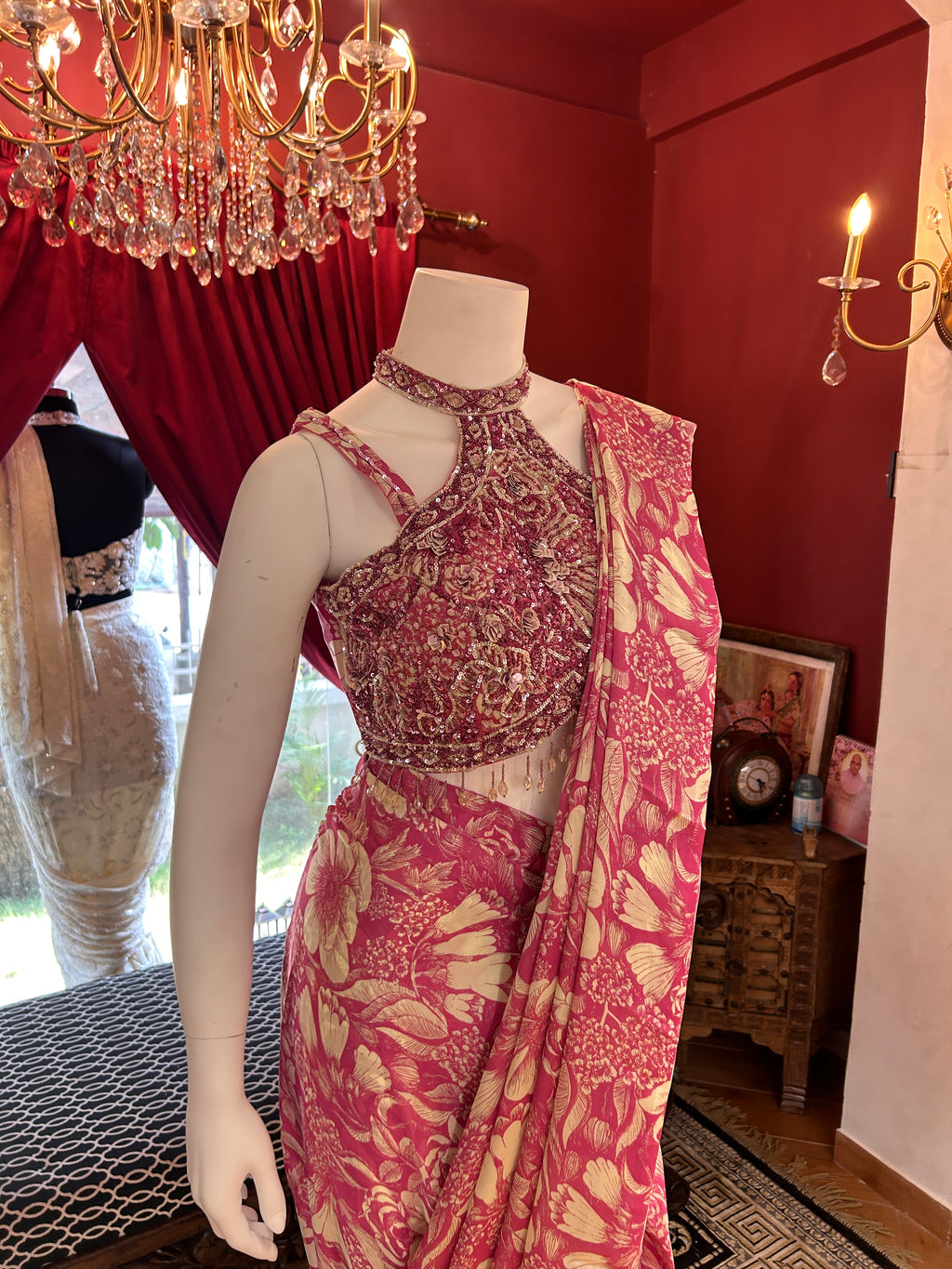 Pink Flower Print Draped Saree With Full Hand Work Halter-Neck Blouse