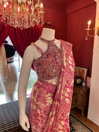 Pink Flower Print Draped Saree With Full Hand Work Halter-Neck Blouse