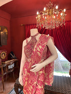 Pink Flower Print Draped Saree With Full Hand Work Halter-Neck Blouse