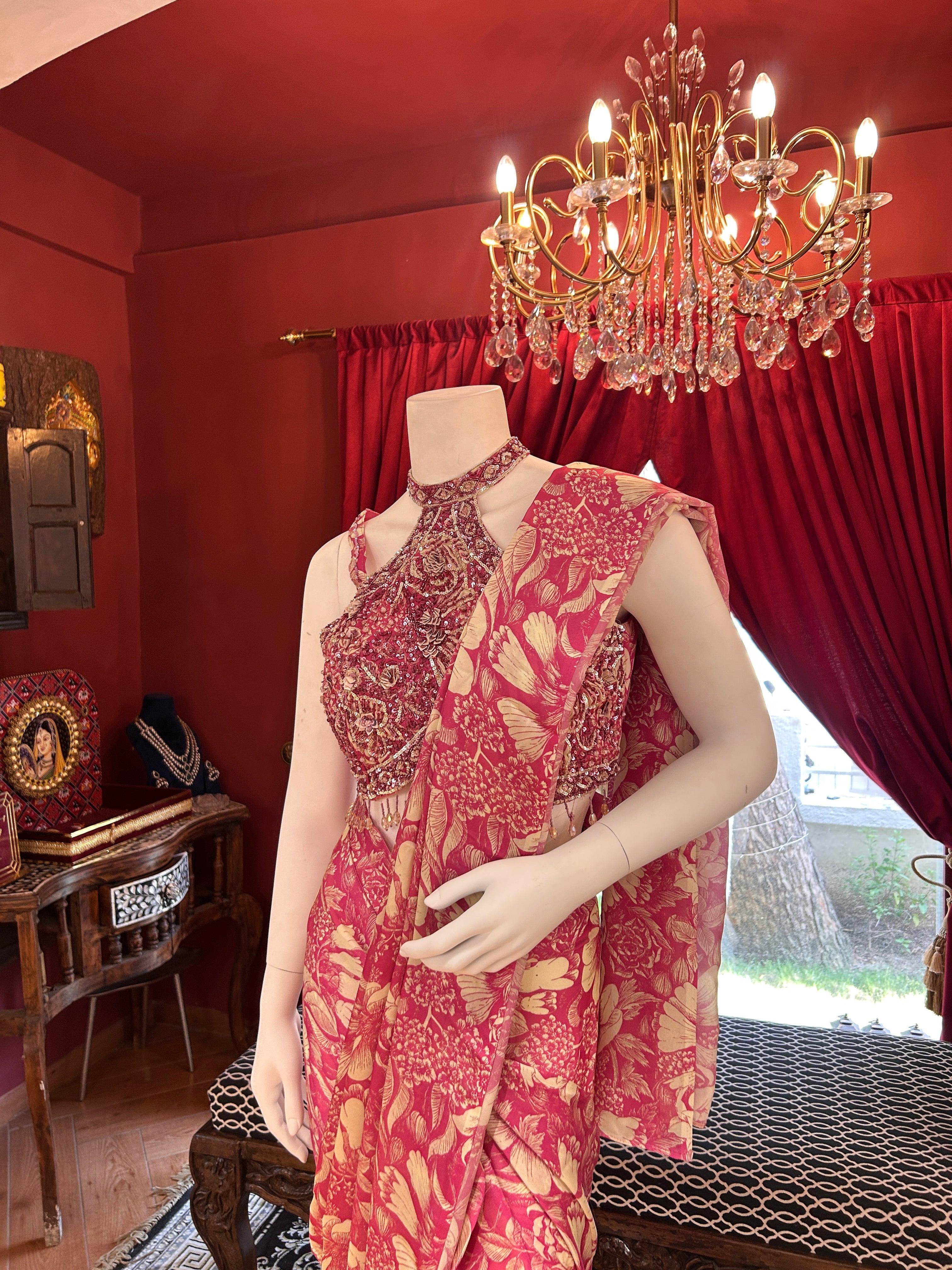 Pink Flower Print Draped Saree With Full Hand Work Halter-Neck Blouse