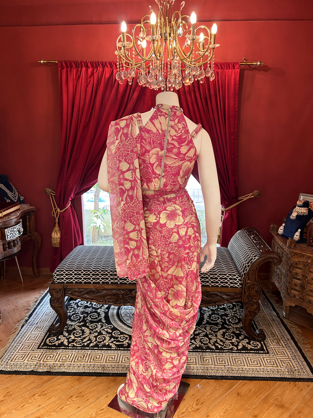 Pink Flower Print Draped Saree With Full Hand Work Halter-Neck Blouse