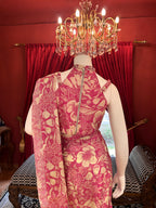 Pink Flower Print Draped Saree With Full Hand Work Halter-Neck Blouse