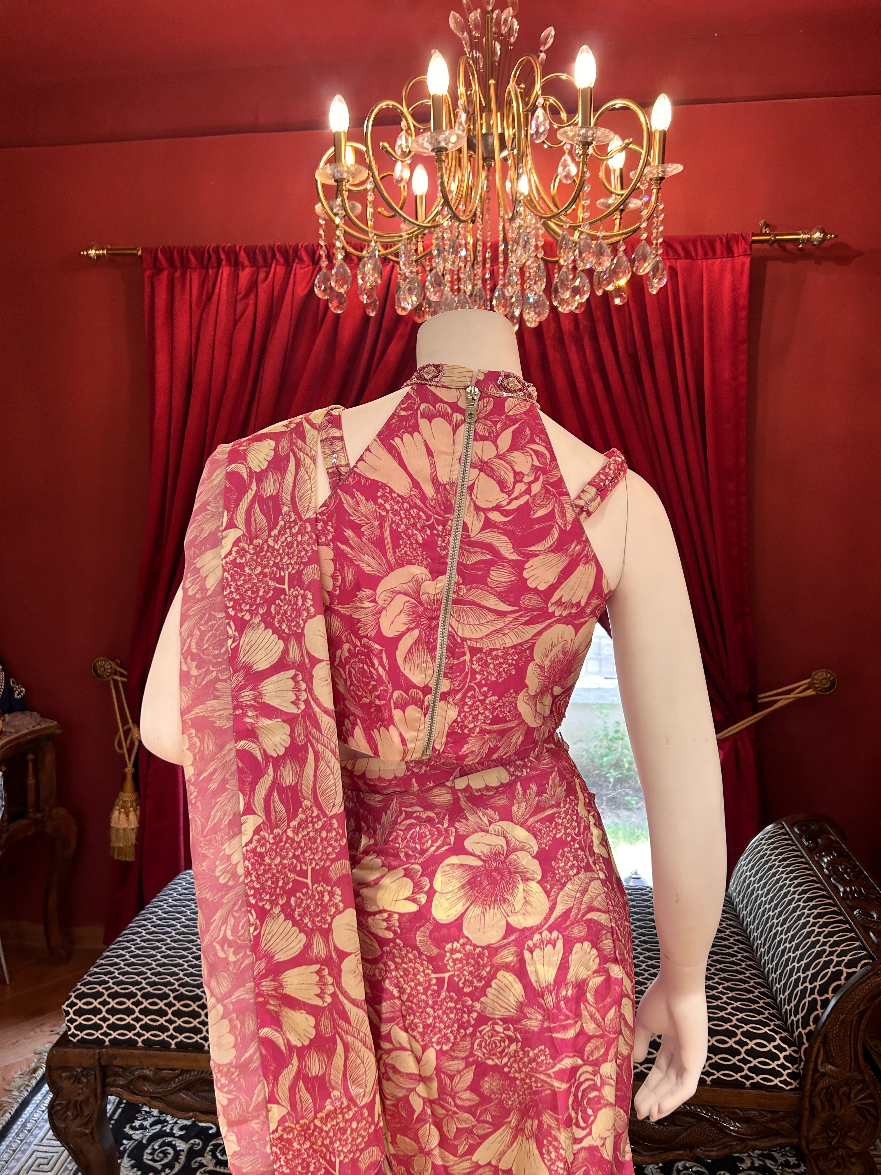 Pink Flower Print Draped Saree With Full Hand Work Halter-Neck Blouse