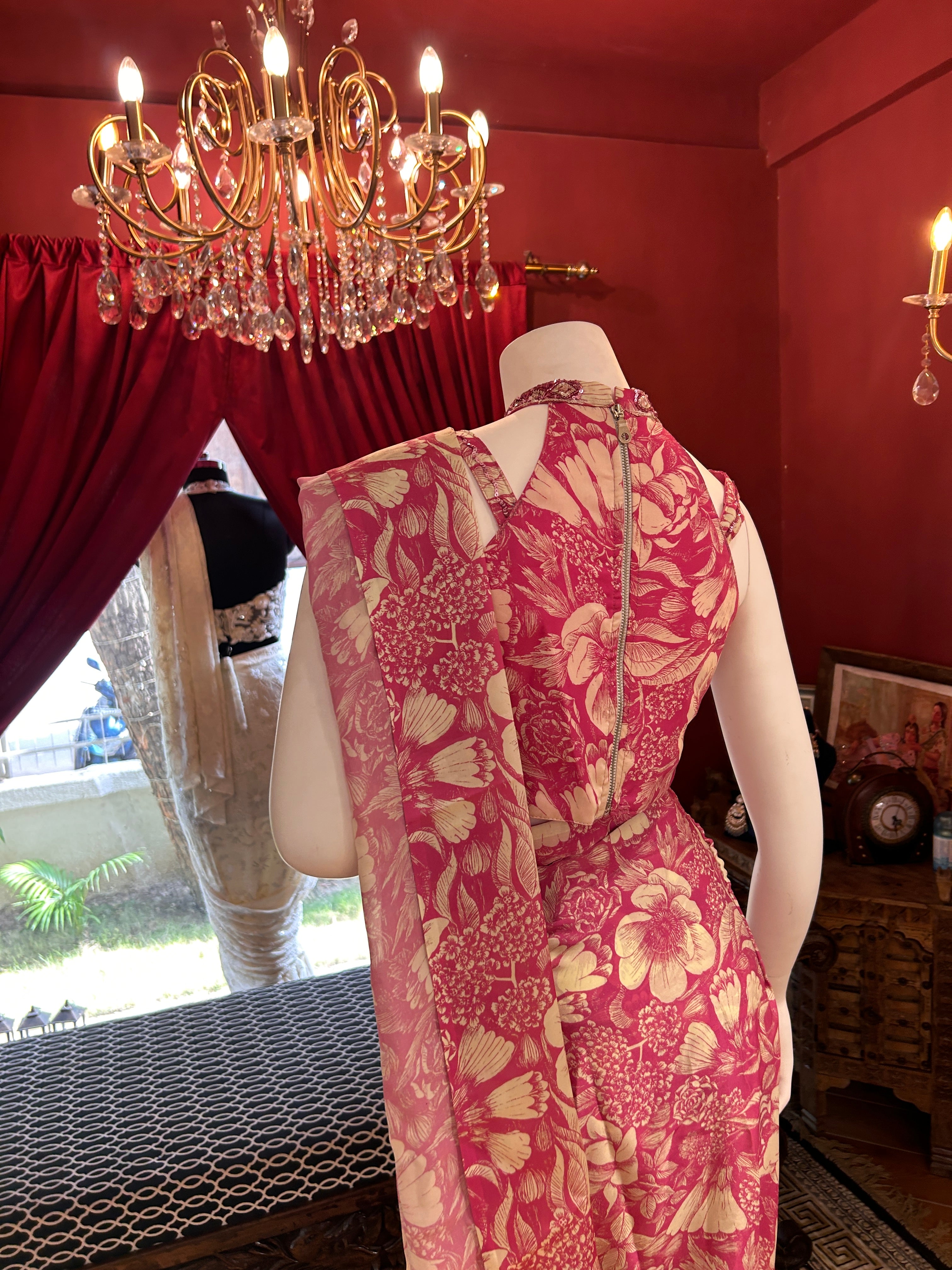 Pink Flower Print Draped Saree With Full Hand Work Halter-Neck Blouse