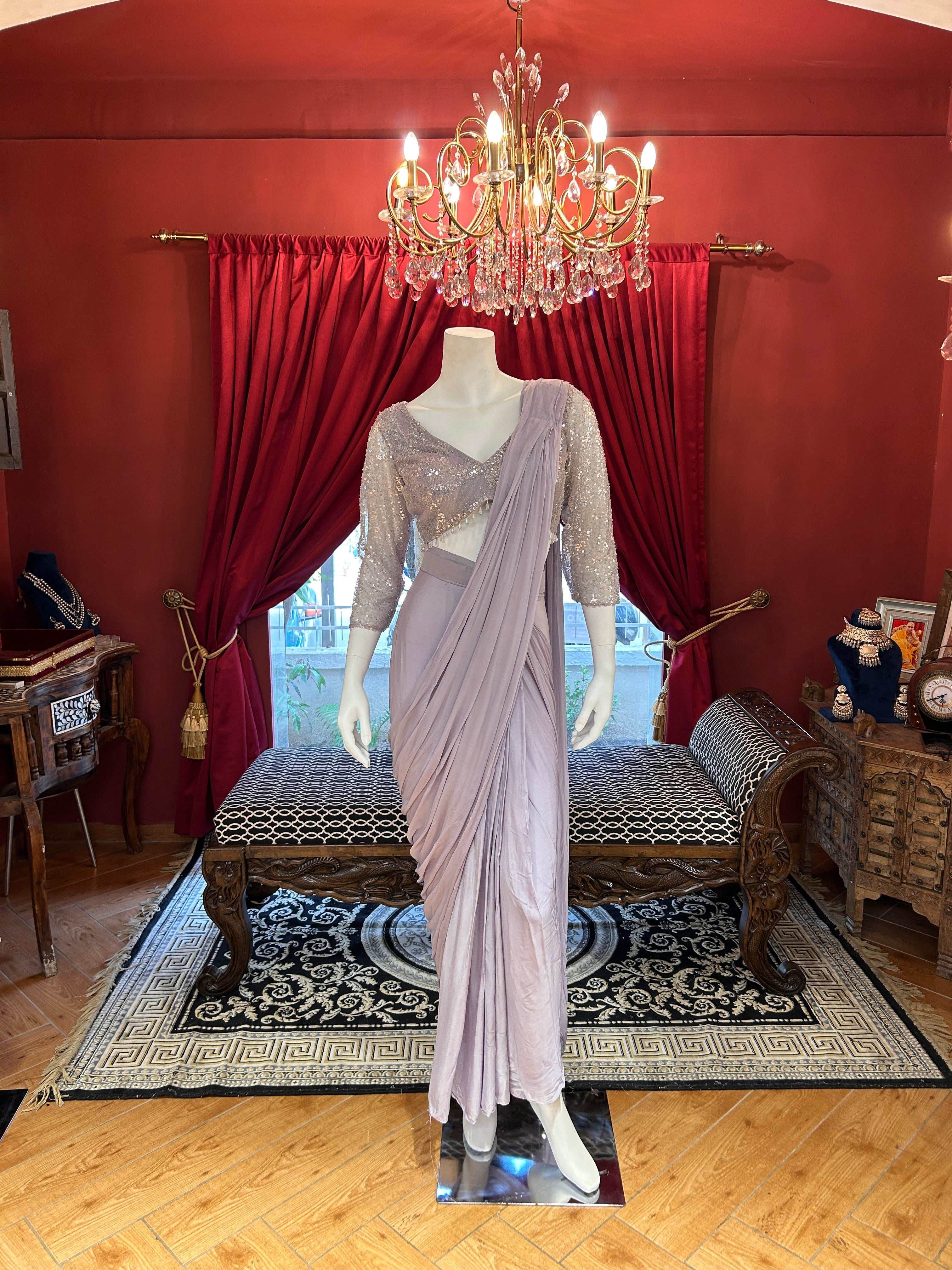 Lilac Blush Drapping Saree With Full Shimmering Blouse