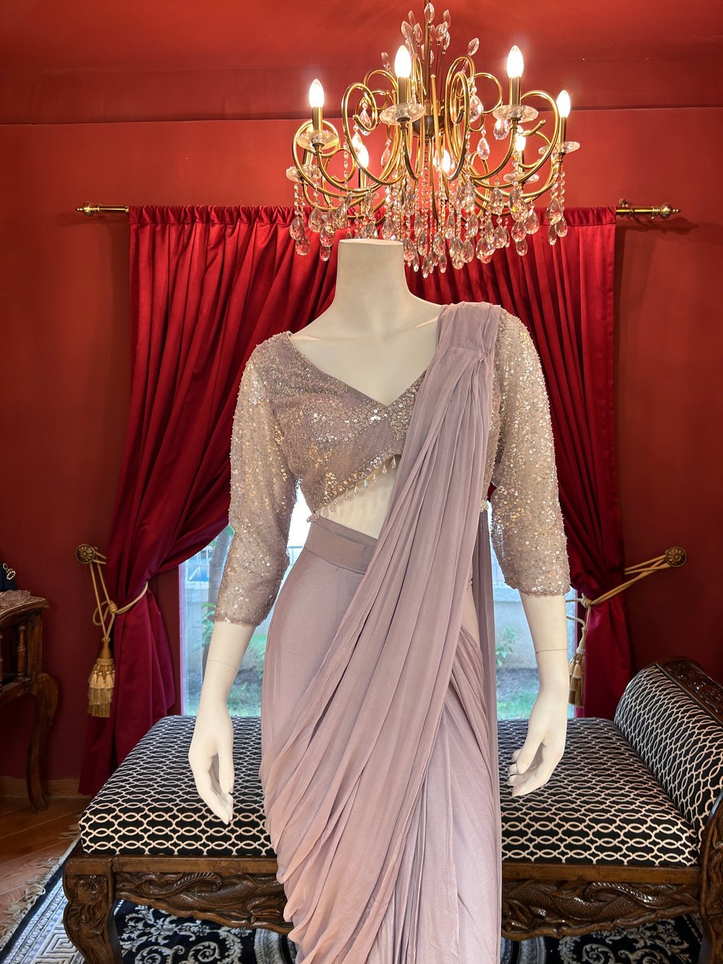 Lilac Blush Drapping Saree With Full Shimmering Blouse