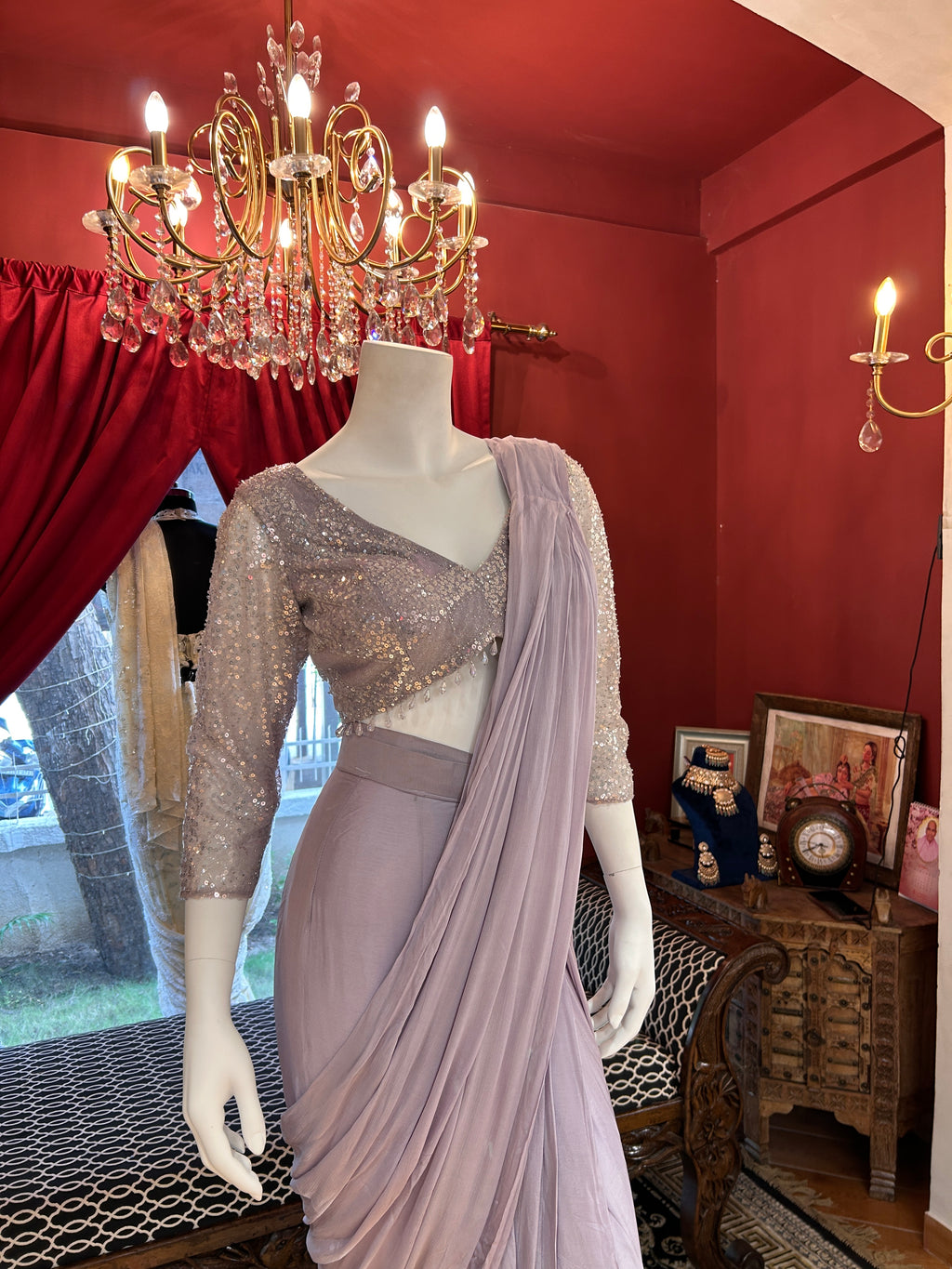 Lilac Blush Drapping Saree With Full Shimmering Blouse