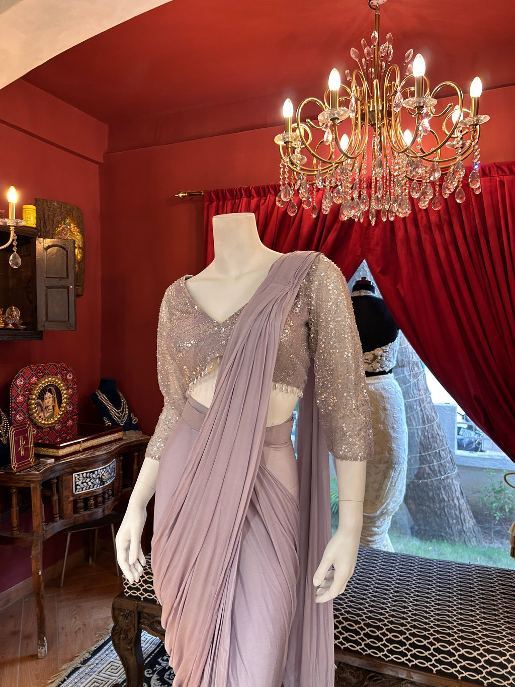 Lilac Blush Drapping Saree With Full Shimmering Blouse