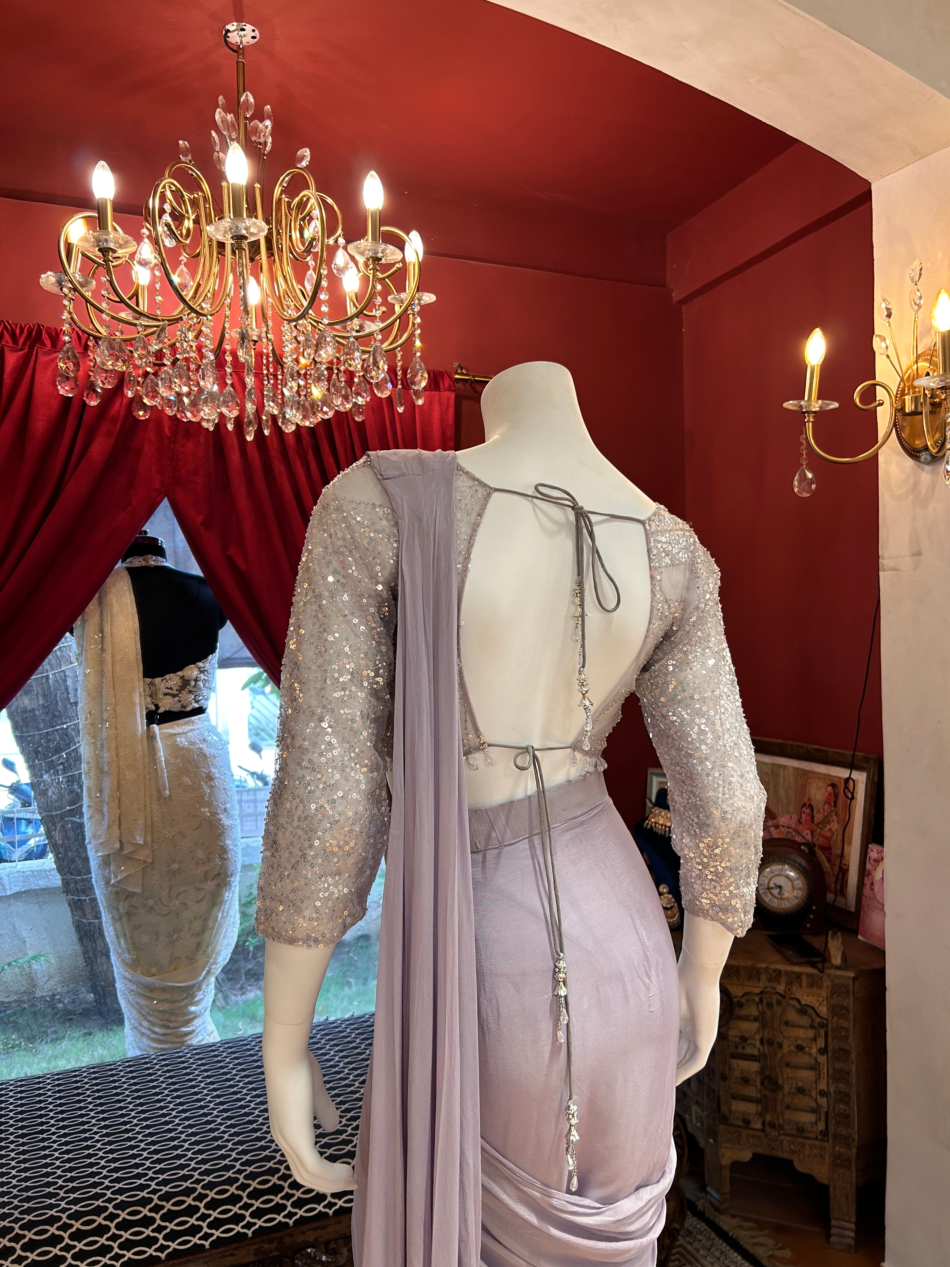 Lilac Blush Drapping Saree With Full Shimmering Blouse