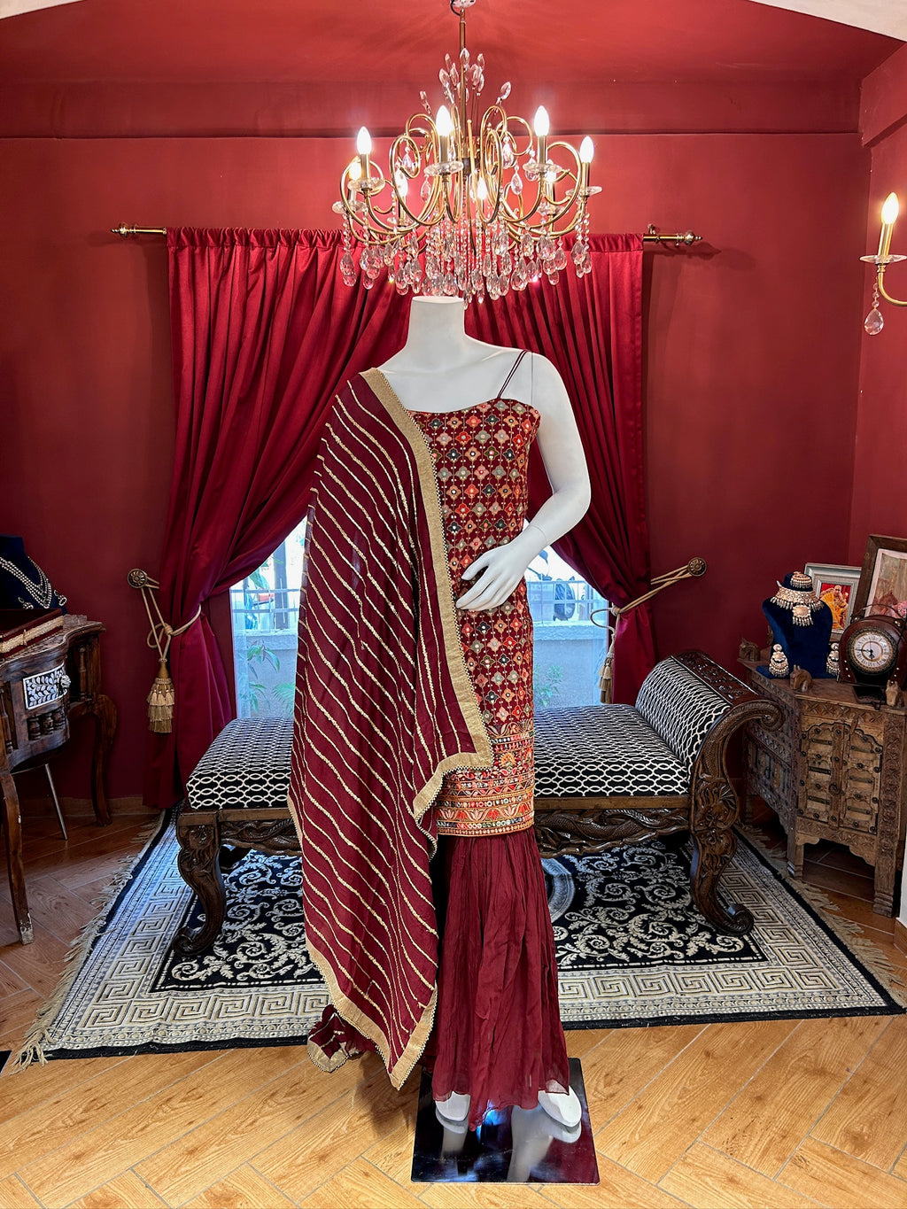 Maroon Sharara With Mirror Work Spaghetti Strap Kurti