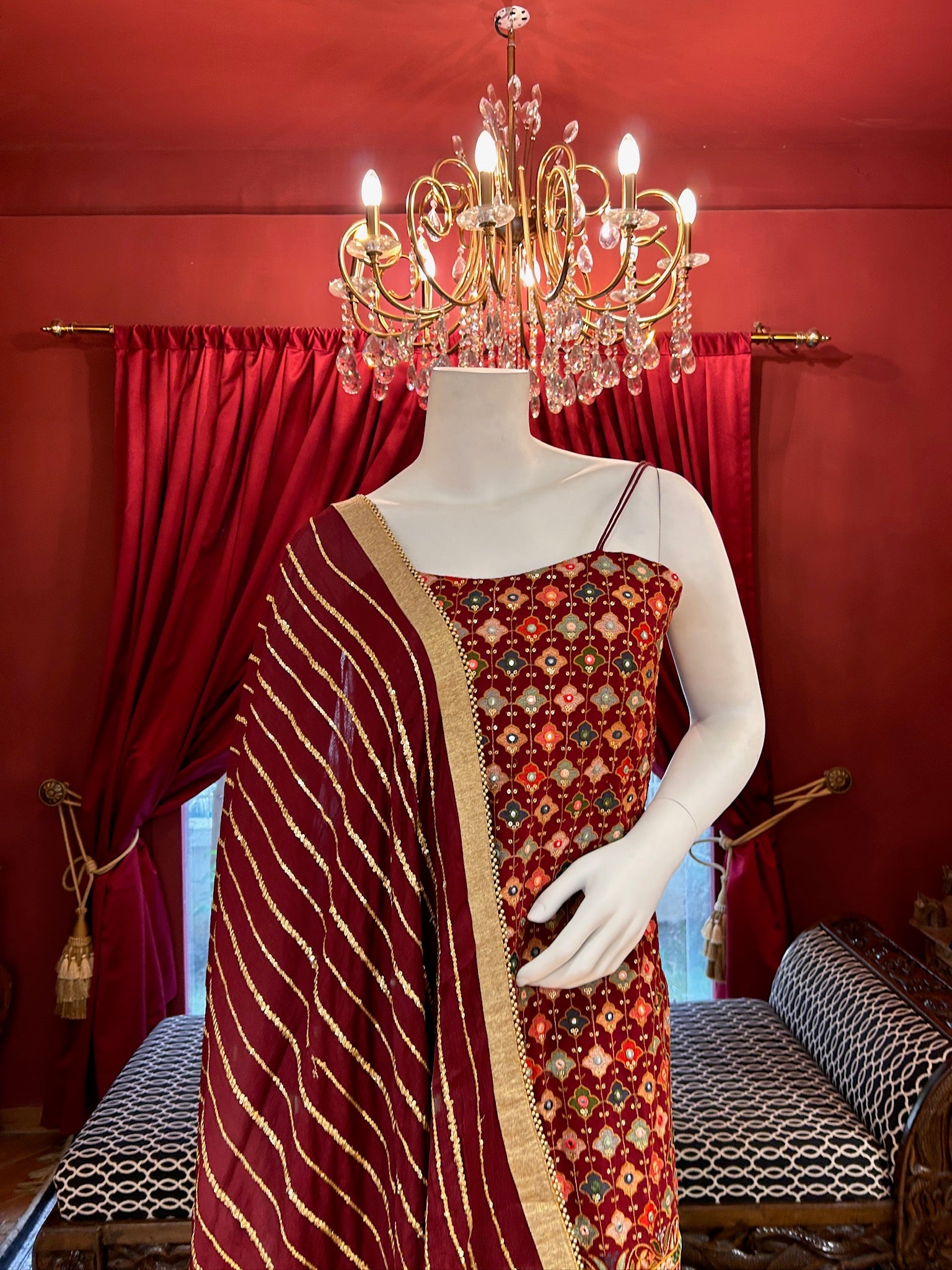 Maroon Sharara With Mirror Work Spaghetti Strap Kurti