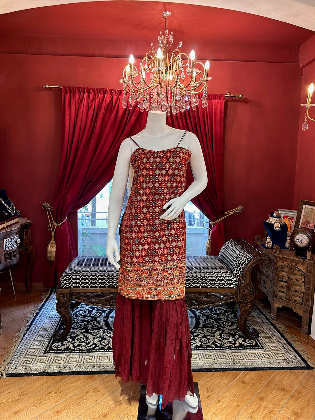 Maroon Sharara With Mirror Work Spaghetti Strap Kurti