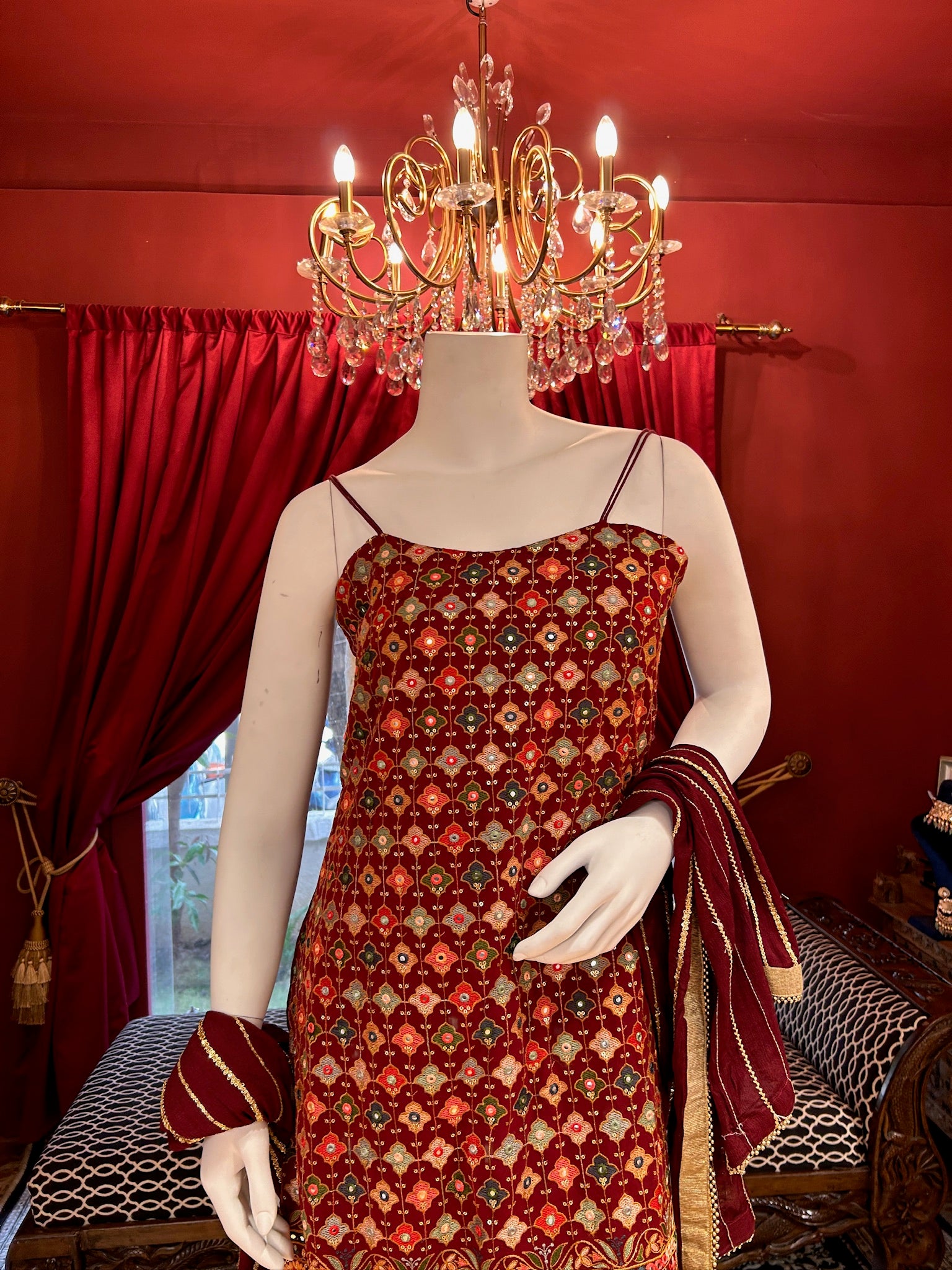 Maroon Sharara With Mirror Work Spaghetti Strap Kurti