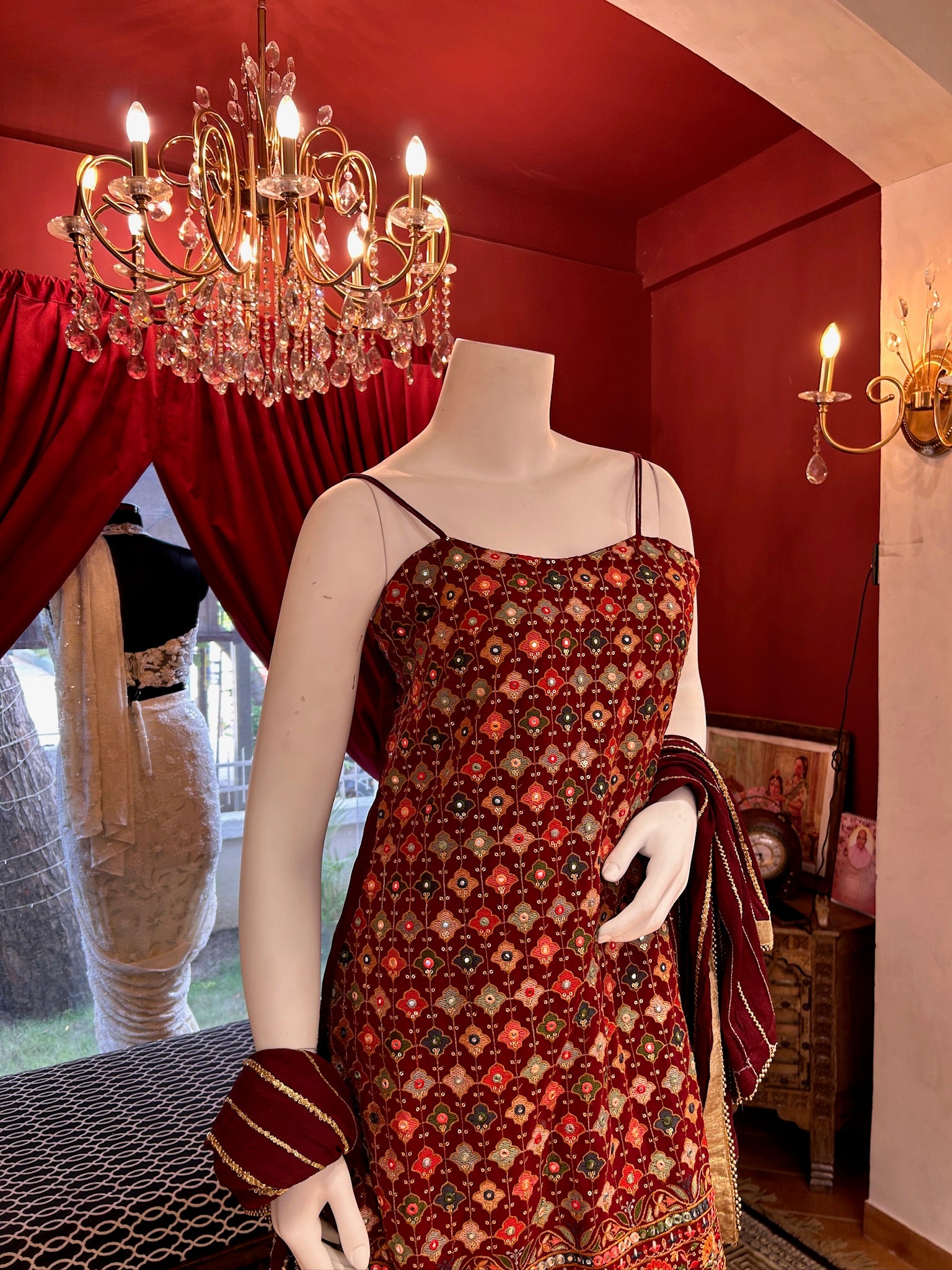 Maroon Sharara With Mirror Work Spaghetti Strap Kurti