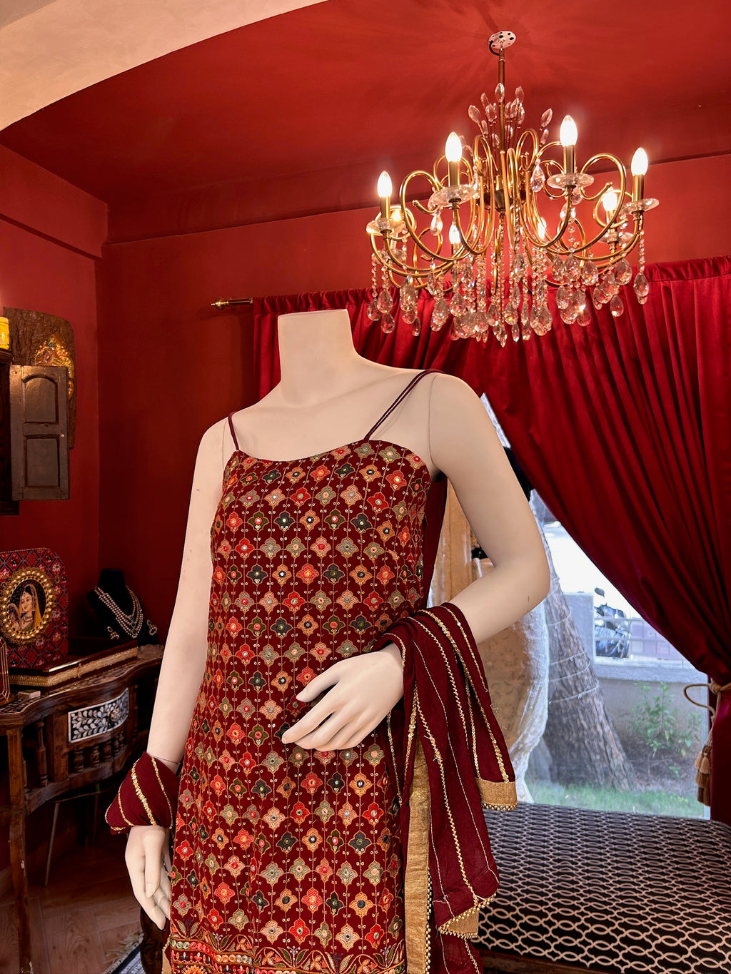 Maroon Sharara With Mirror Work Spaghetti Strap Kurti