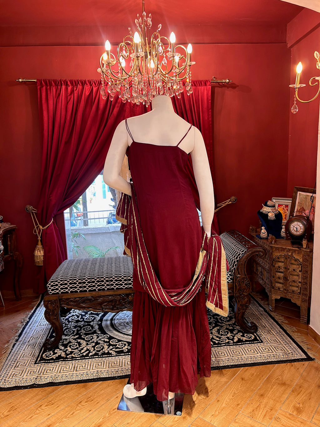 Maroon Sharara With Mirror Work Spaghetti Strap Kurti