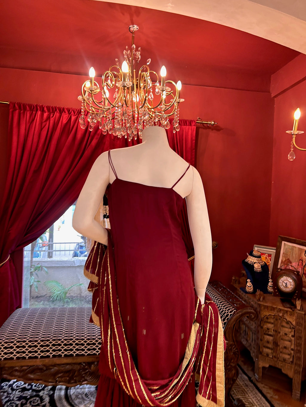Maroon Sharara With Mirror Work Spaghetti Strap Kurti