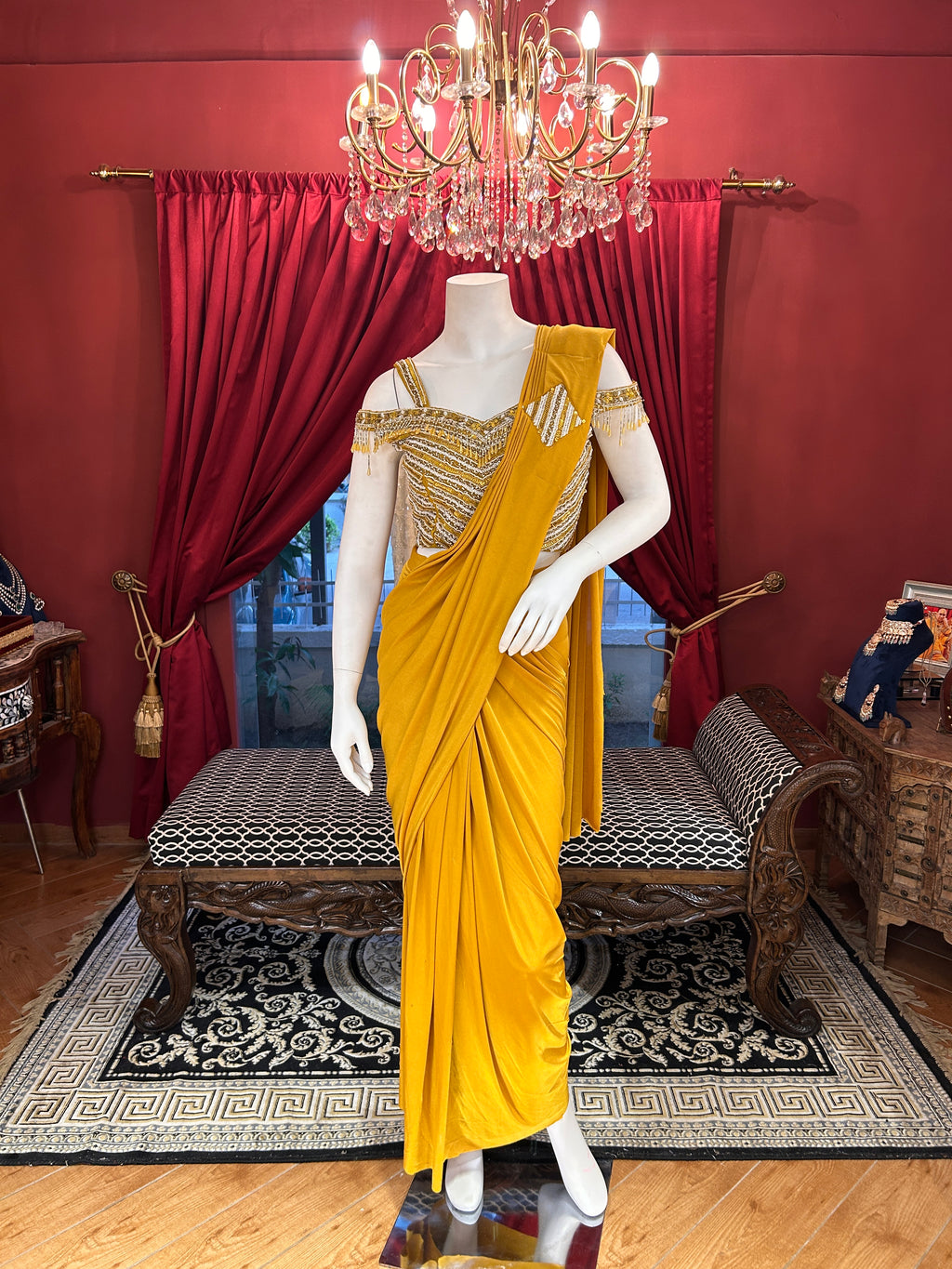 Mustard Magic Draped Saree With Off Shoulder Worked Blouse