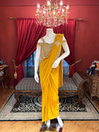 Mustard Magic Draped Saree With Off Shoulder Worked Blouse