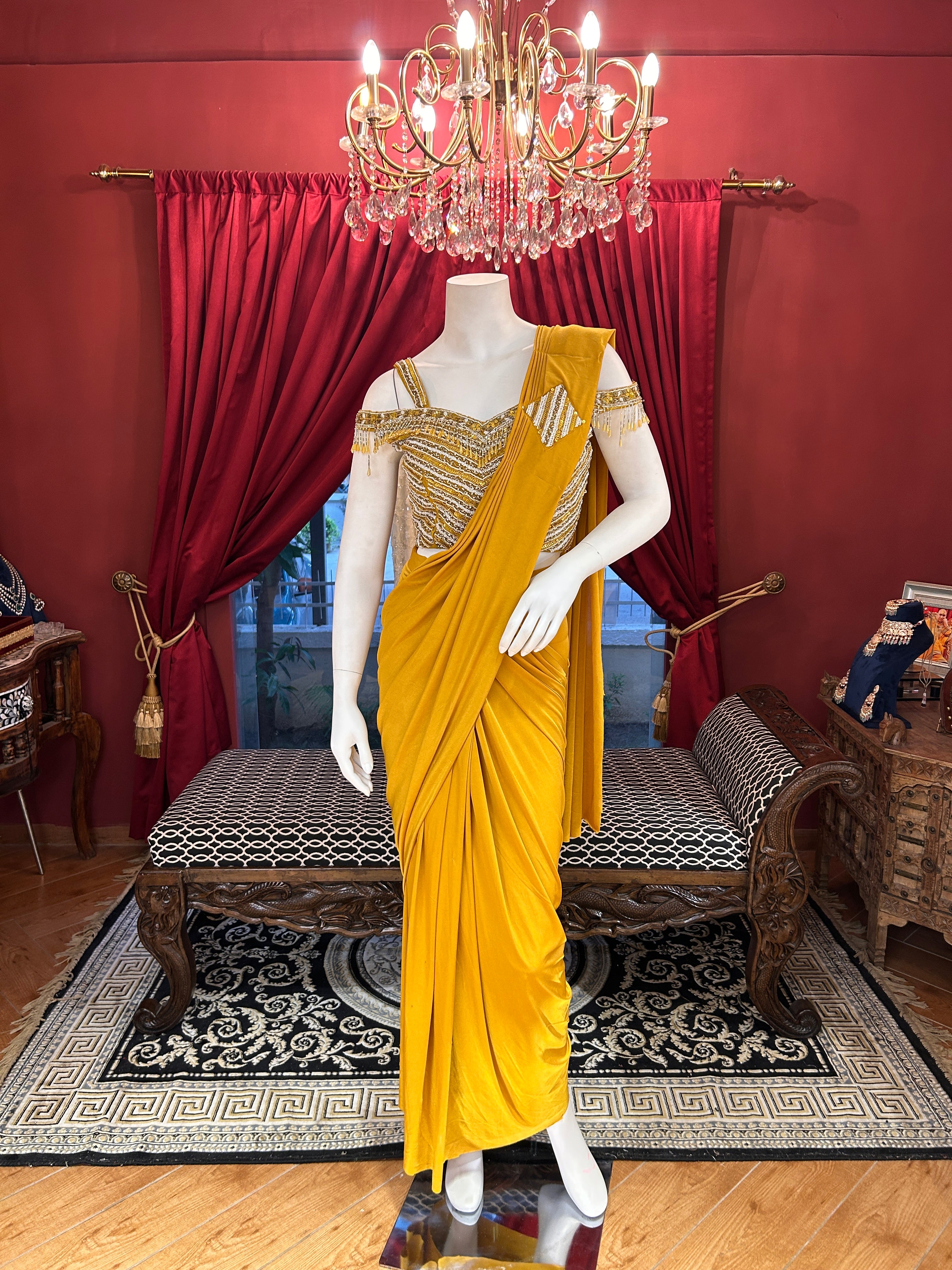 Mustard Magic Draped Saree With Off Shoulder Worked Blouse