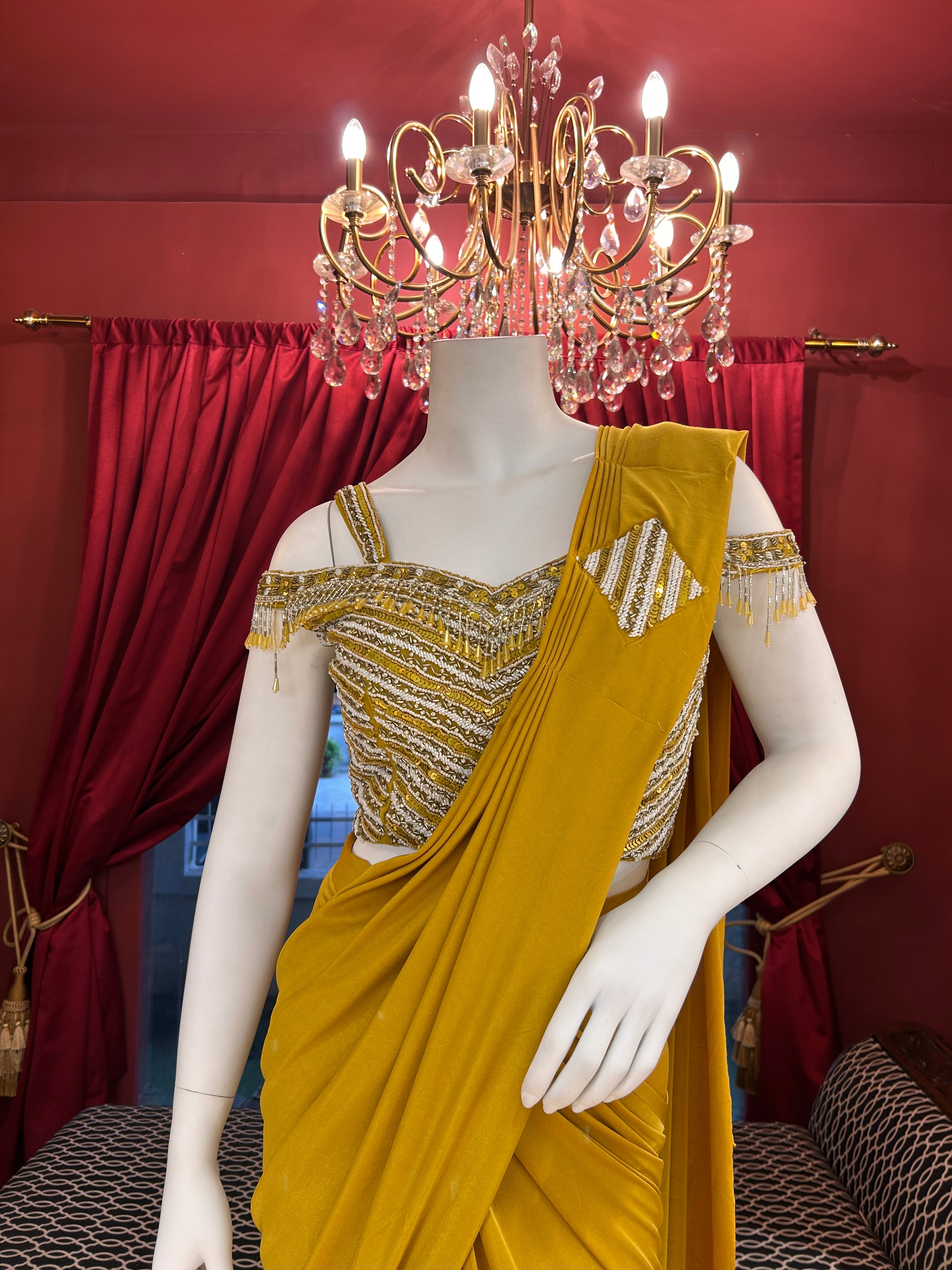 Mustard Magic Draped Saree With Off Shoulder Worked Blouse