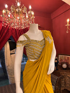 Mustard Magic Draped Saree With Off Shoulder Worked Blouse