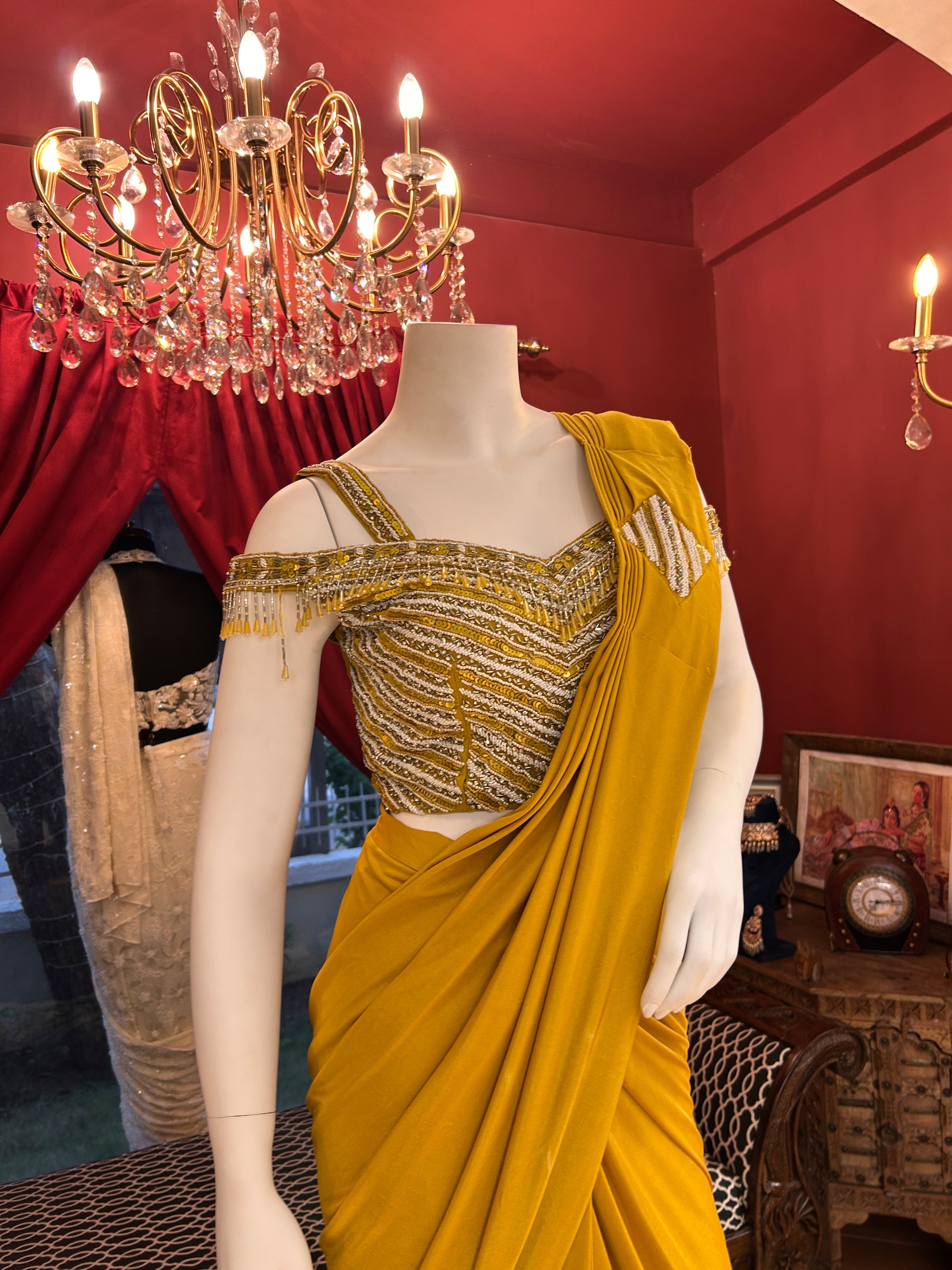 Mustard Magic Draped Saree With Off Shoulder Worked Blouse