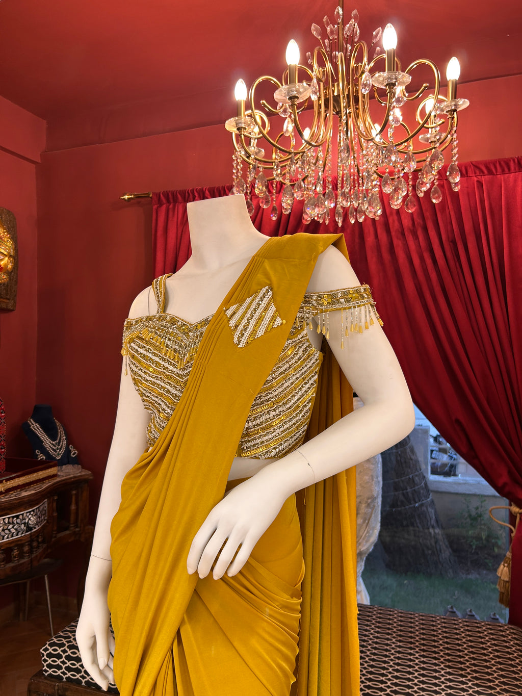 Mustard Magic Draped Saree With Off Shoulder Worked Blouse