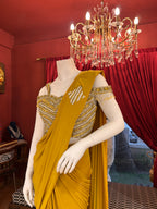 Mustard Magic Draped Saree With Off Shoulder Worked Blouse