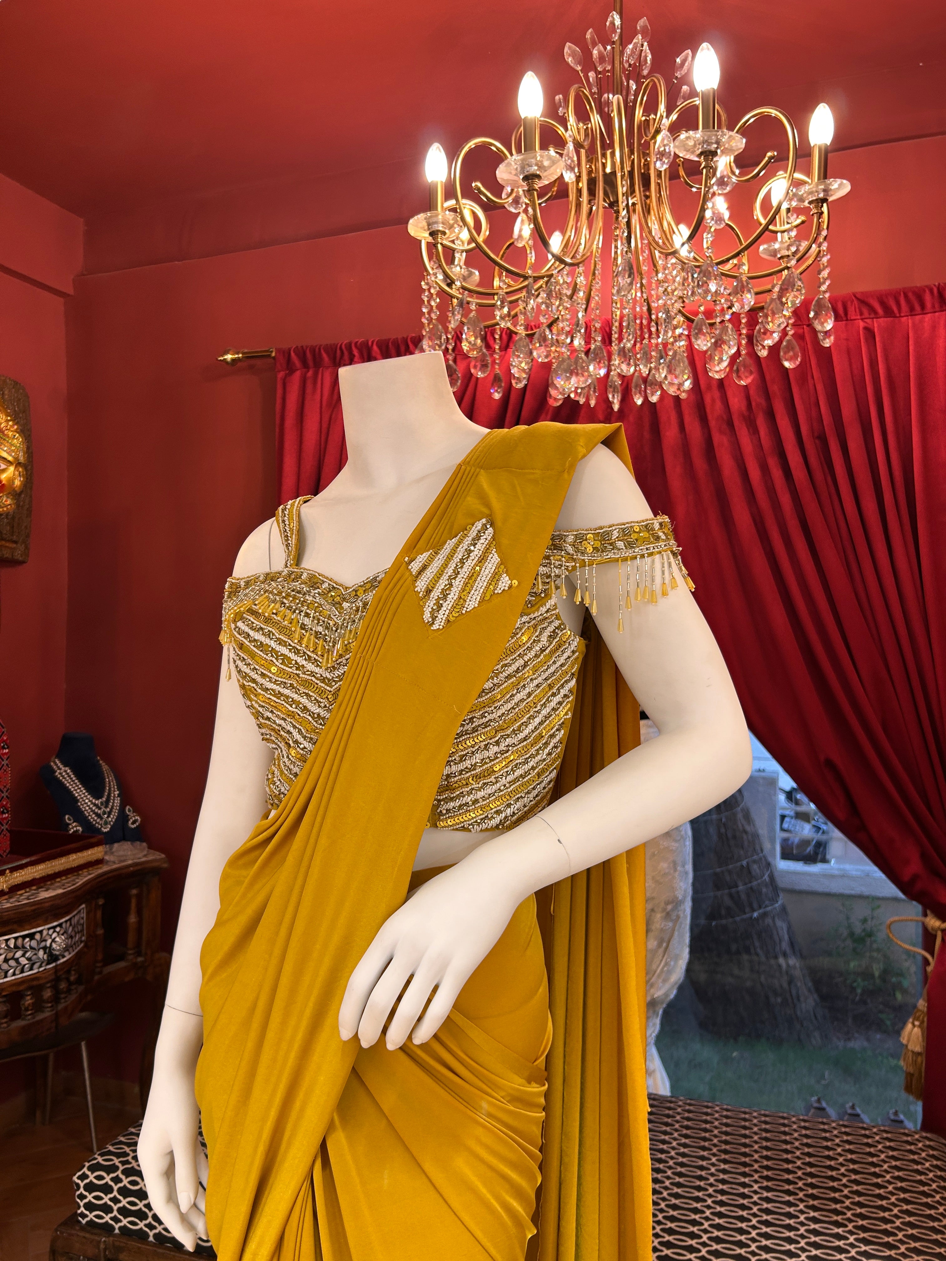Mustard Magic Draped Saree With Off Shoulder Worked Blouse