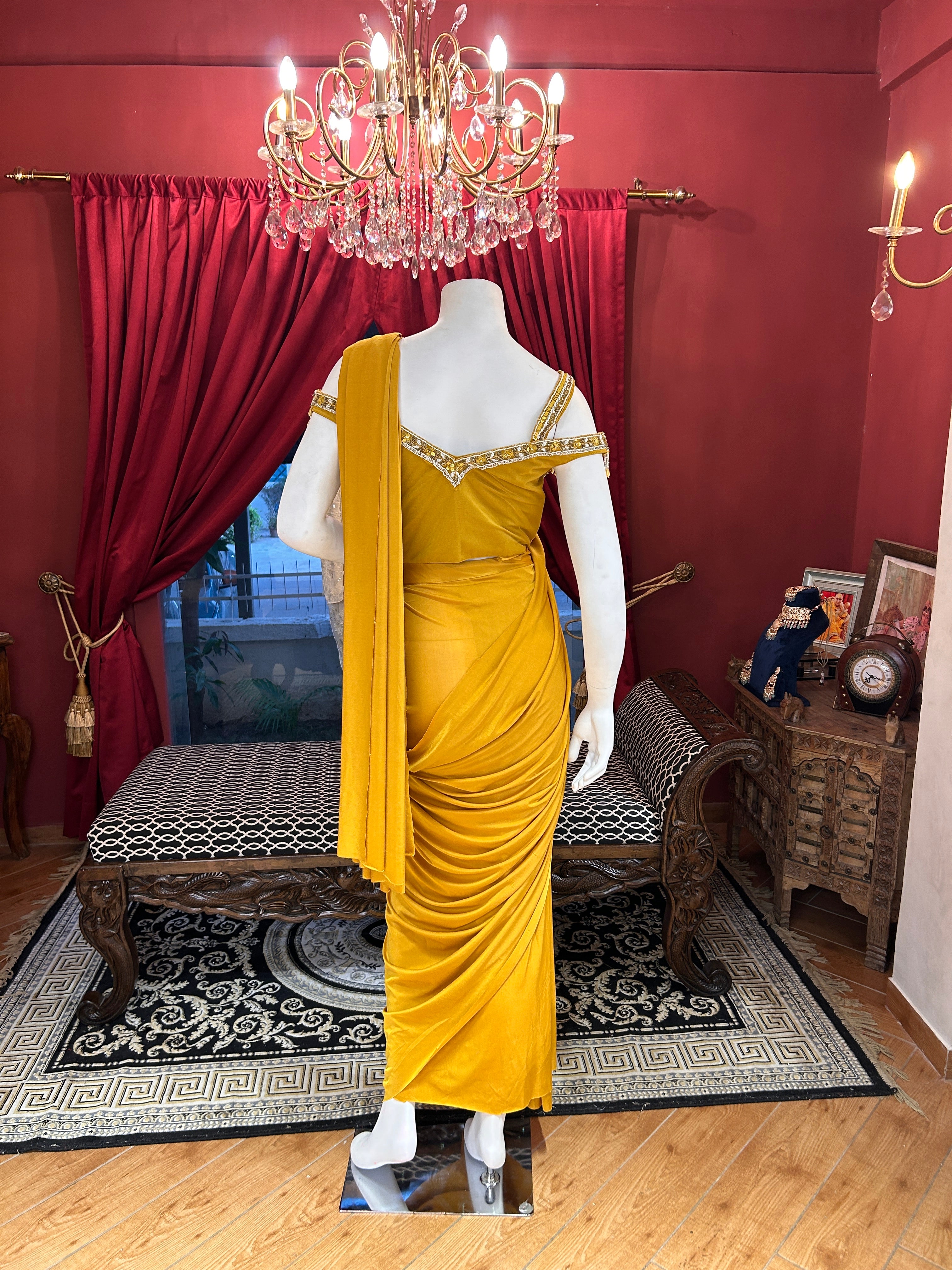 Mustard Magic Draped Saree With Off Shoulder Worked Blouse