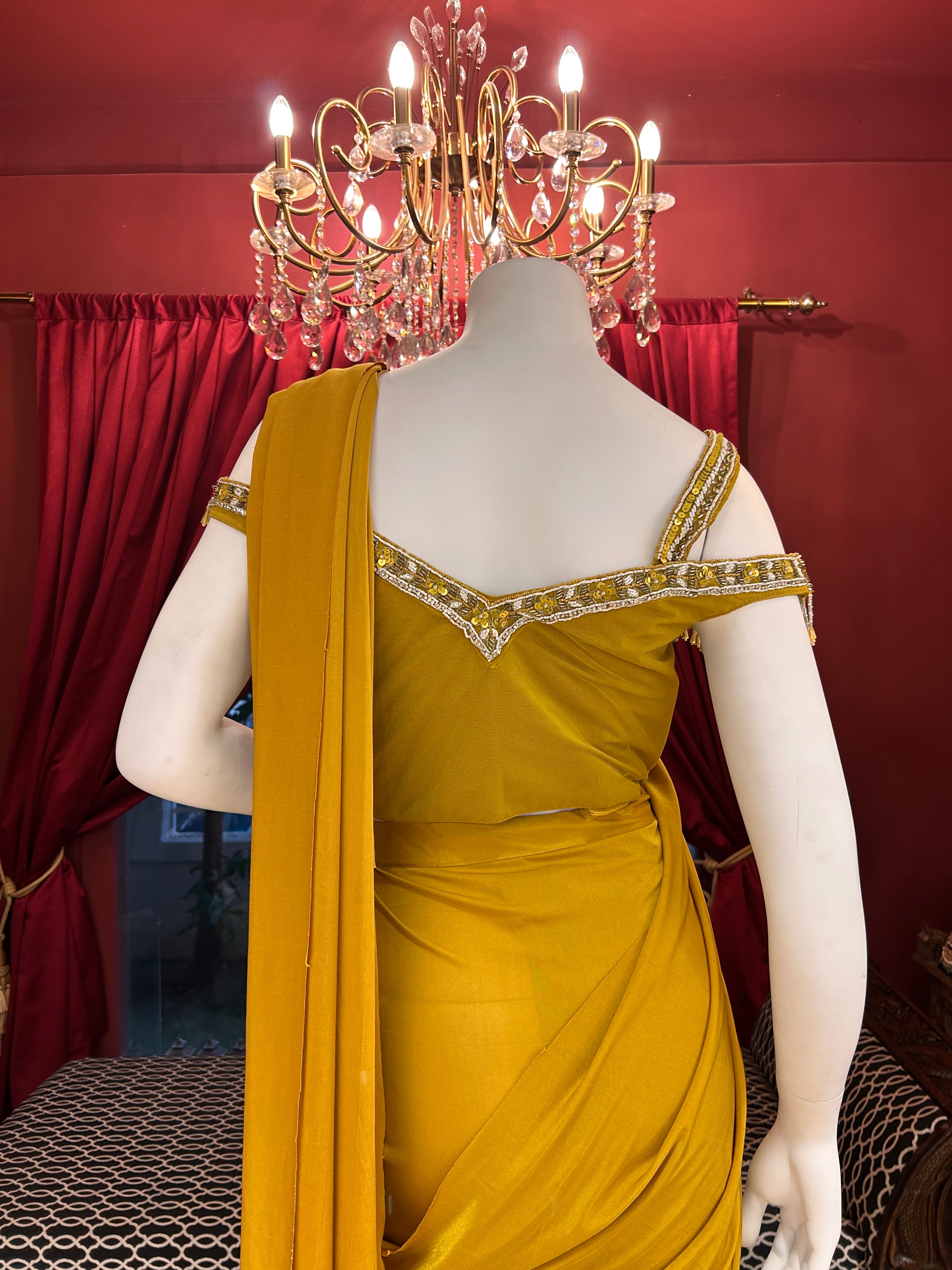 Mustard Magic Draped Saree With Off Shoulder Worked Blouse