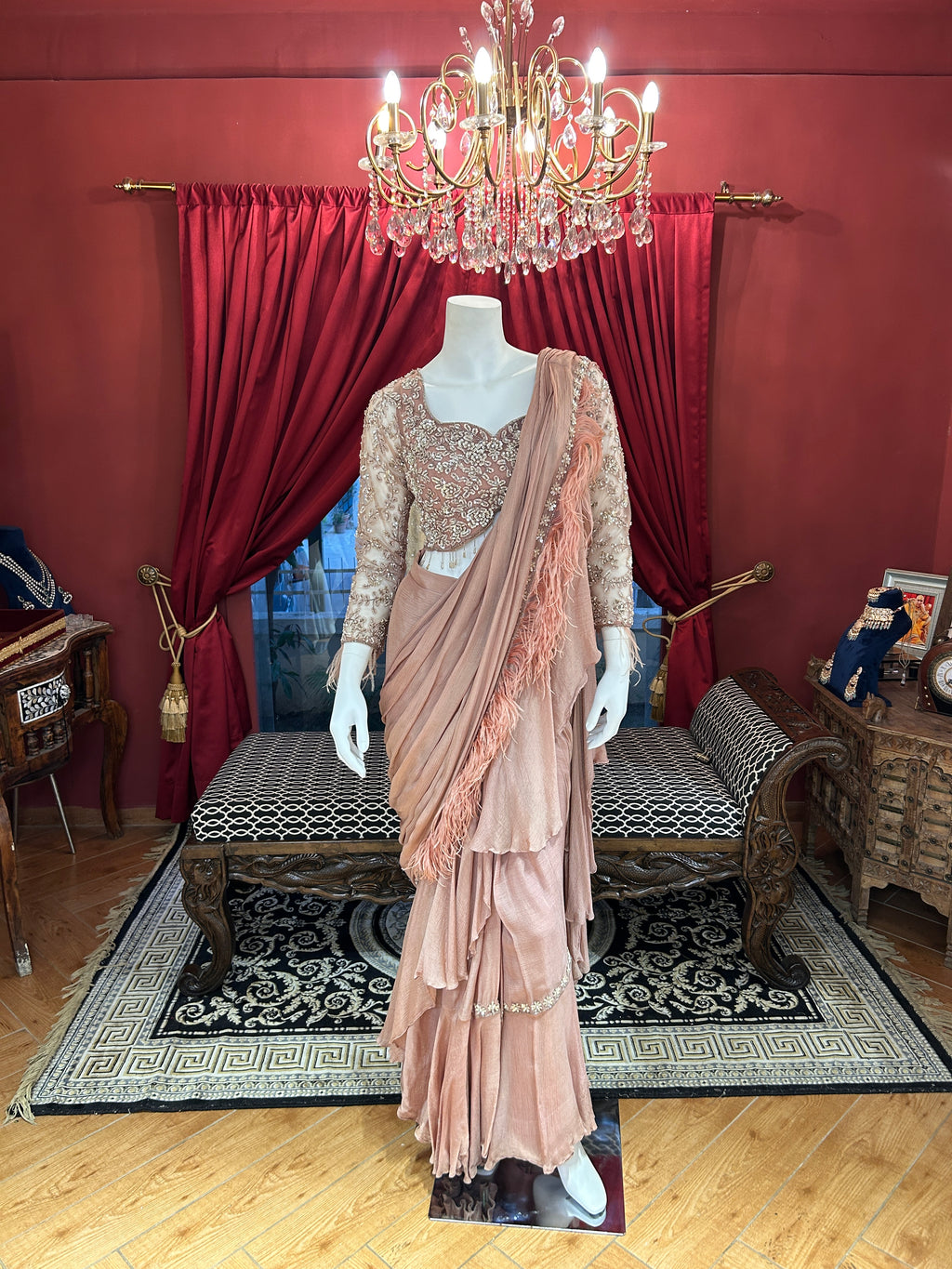 Dusty Rose full-sleeved handwork blouse with feathers