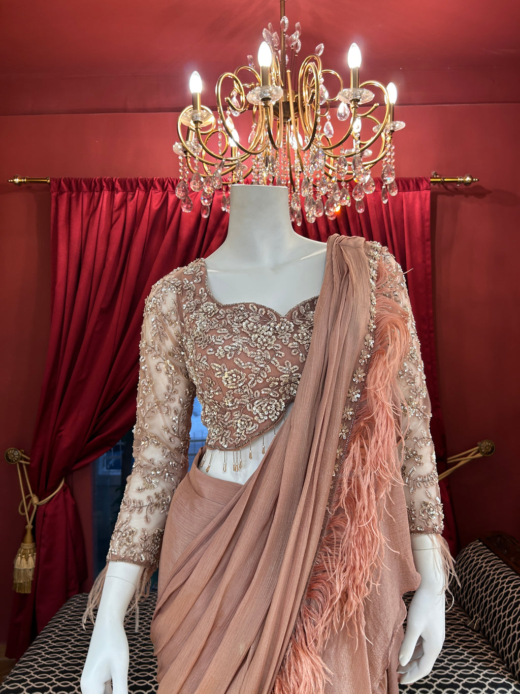 Dusty Rose full-sleeved handwork blouse with feathers