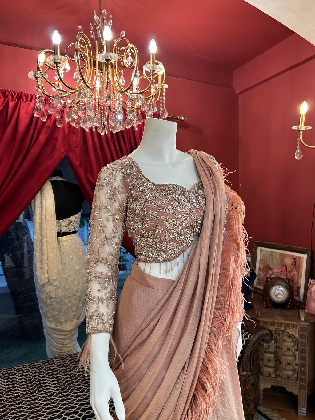 Dusty Rose full-sleeved handwork blouse with feathers