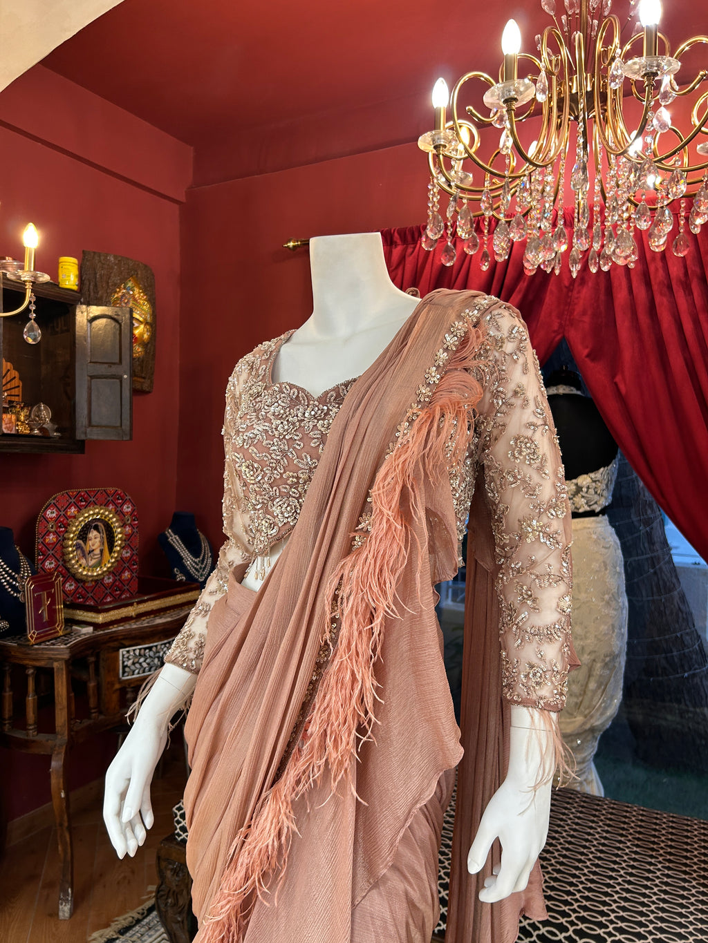 Dusty Rose full-sleeved handwork blouse with feathers