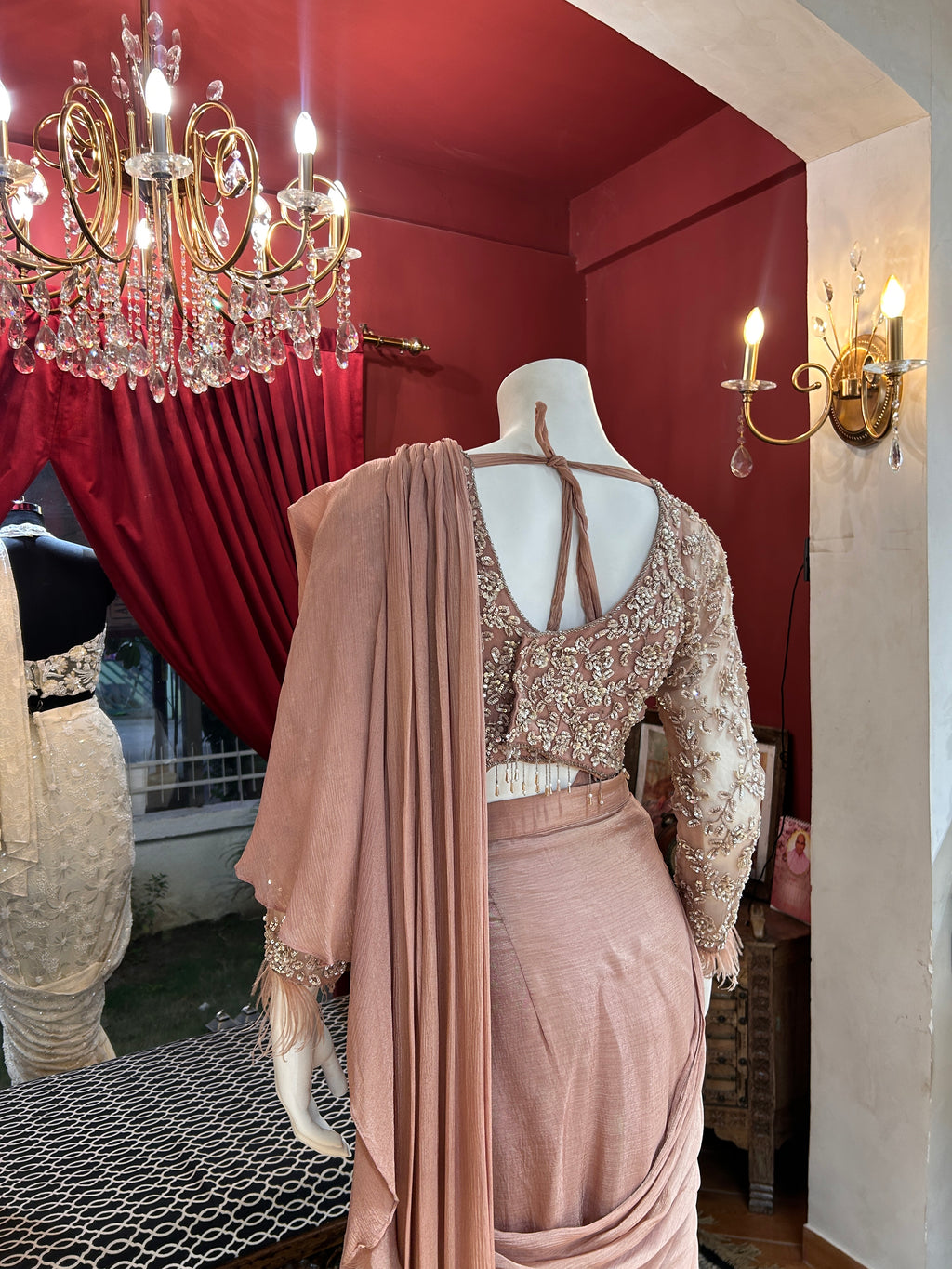 Dusty Rose full-sleeved handwork blouse with feathers