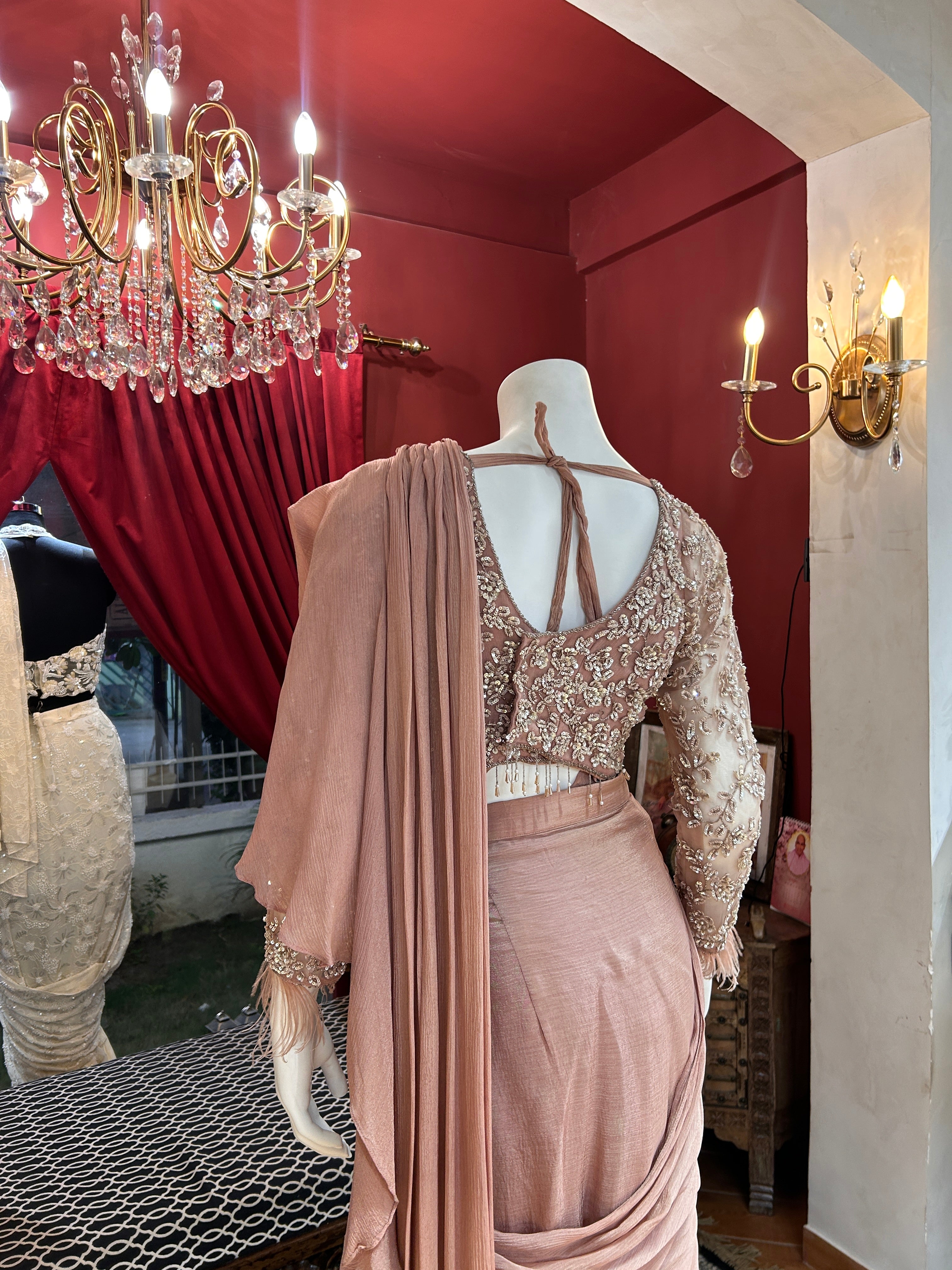 Dusty Rose full-sleeved handwork blouse with feathers