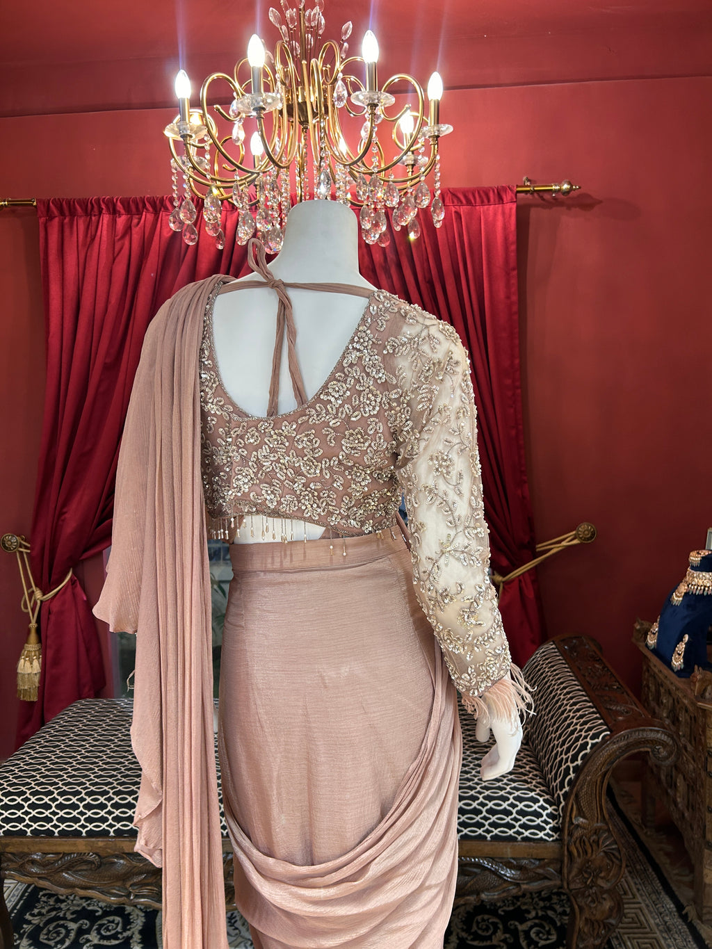 Dusty Rose full-sleeved handwork blouse with feathers